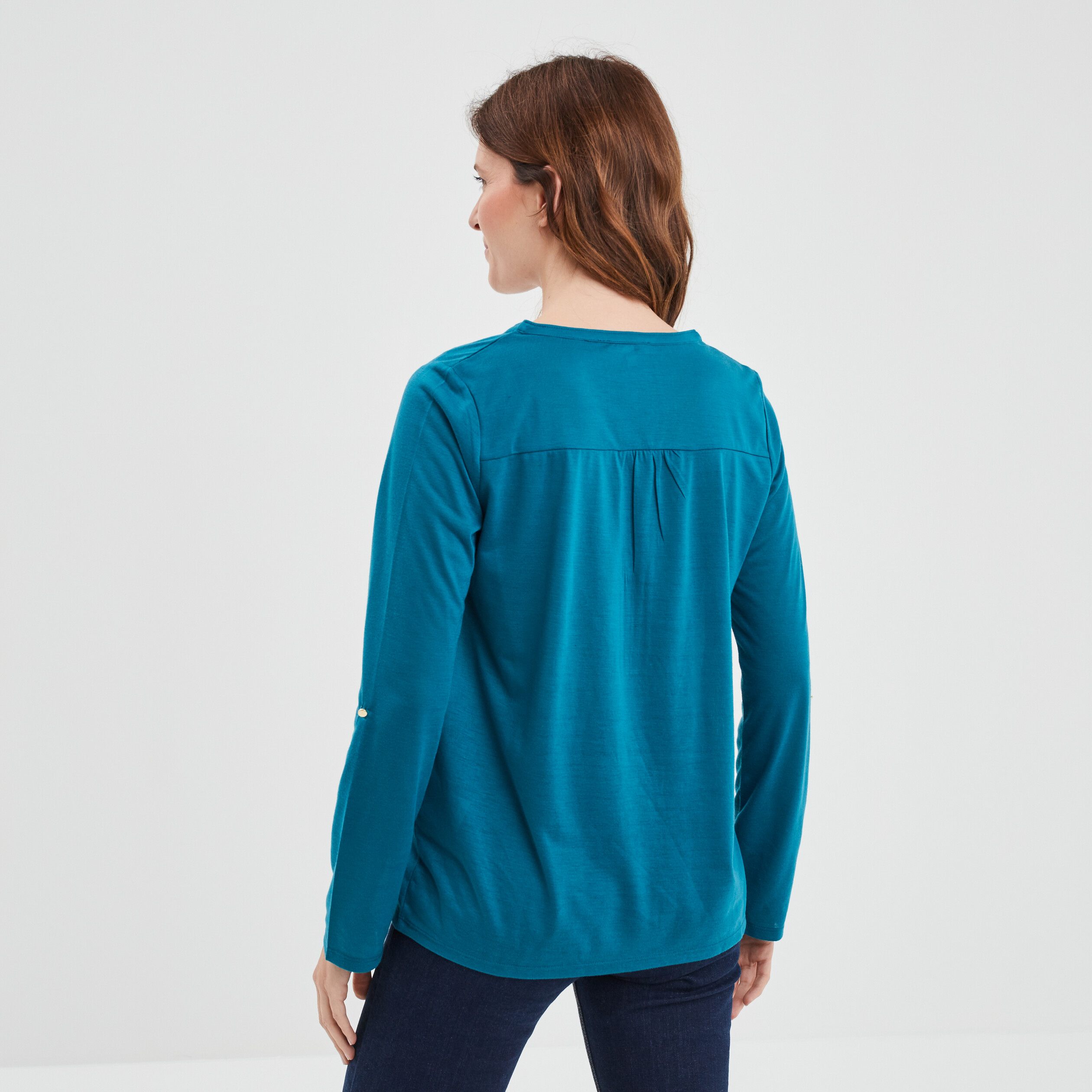 T-shirt manches longues à revers bleu canard femme | La Halle