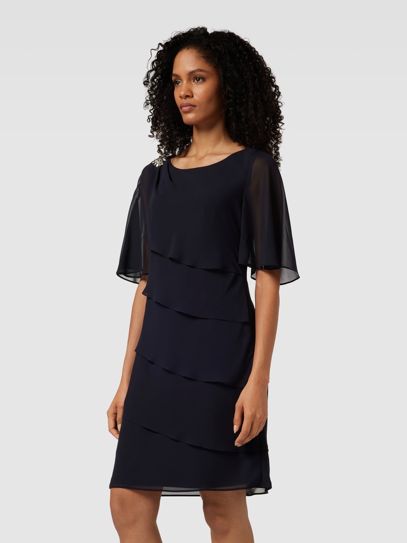 Knielanges Cocktailkleid mit Volants in marineblau meliert