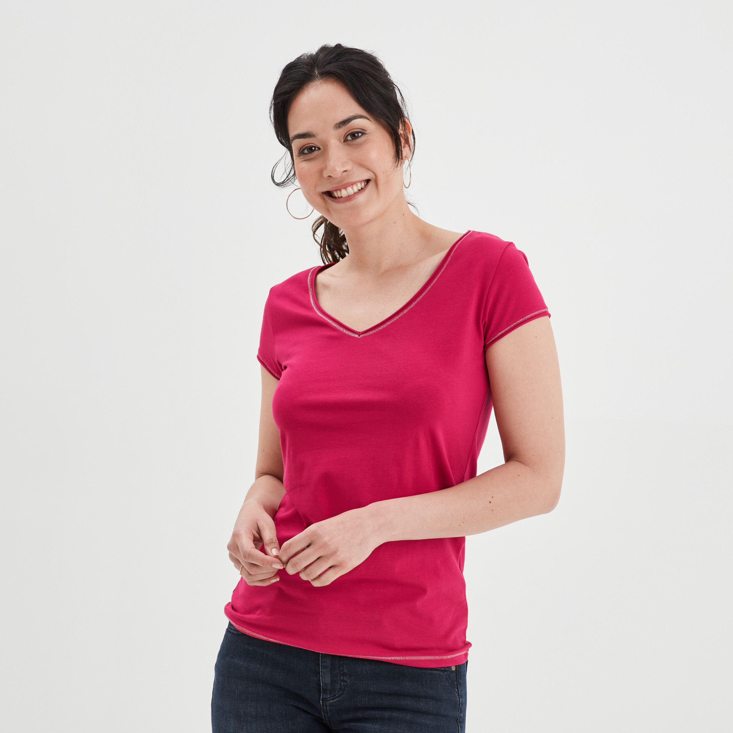 T-shirt manches courtes ajusté rose framboise femme | La Halle