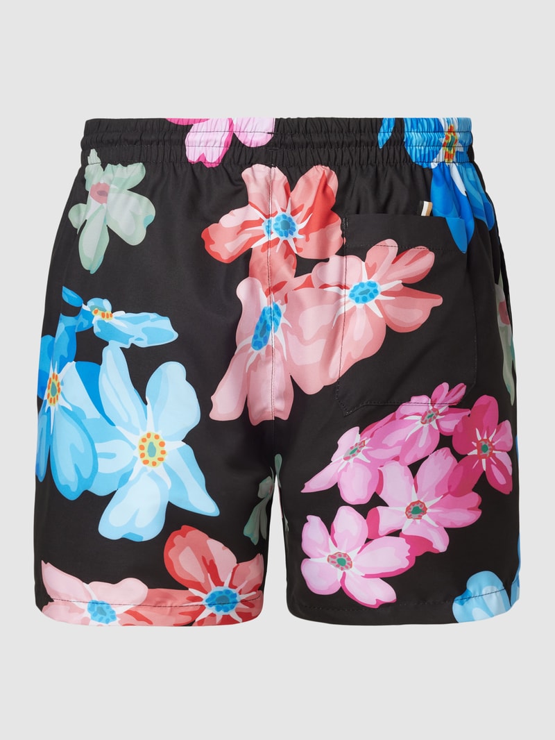 Badehose mit floralem Print Modell 'Piranha' in schwarz
