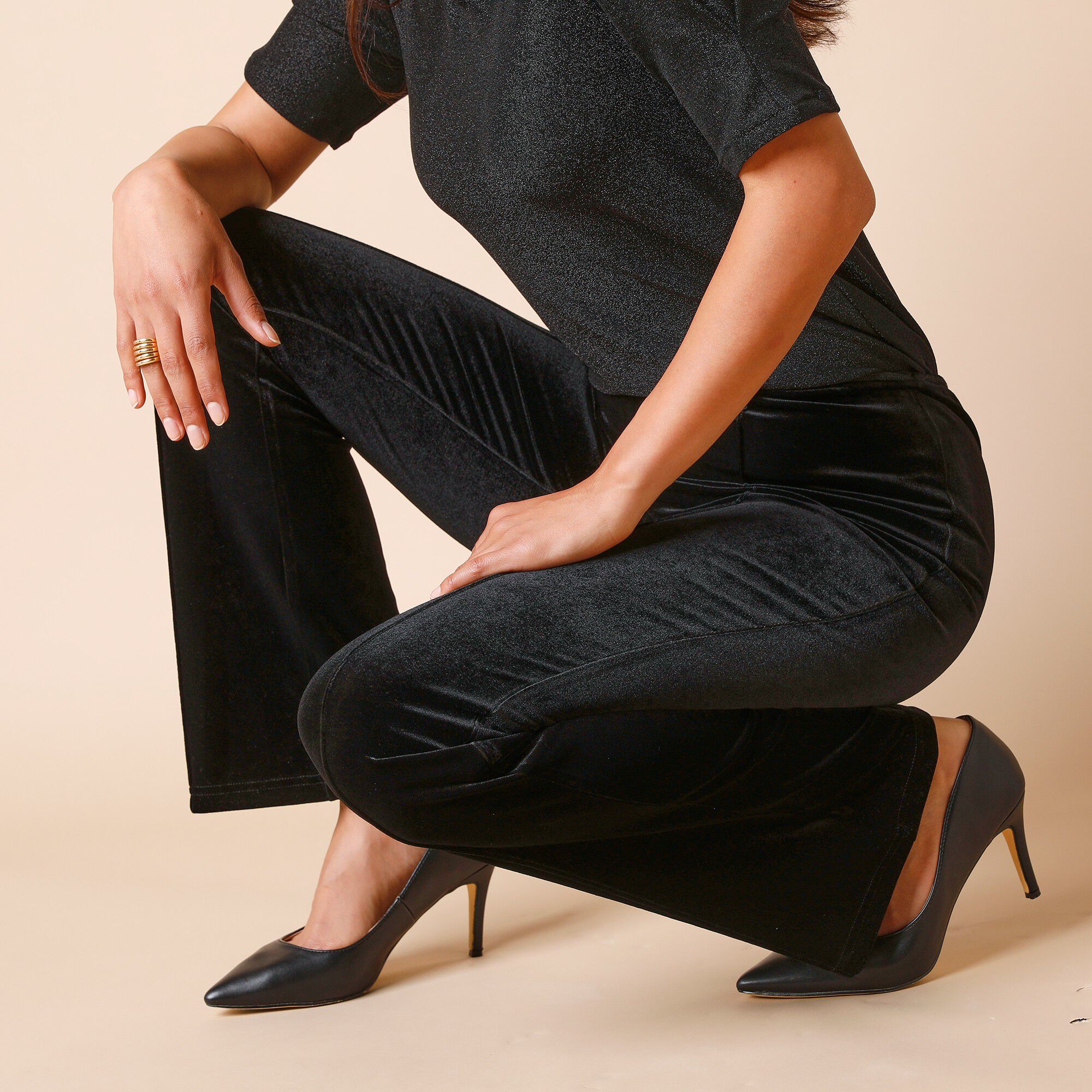 Legging bootcut taille élastiquée, maille velours