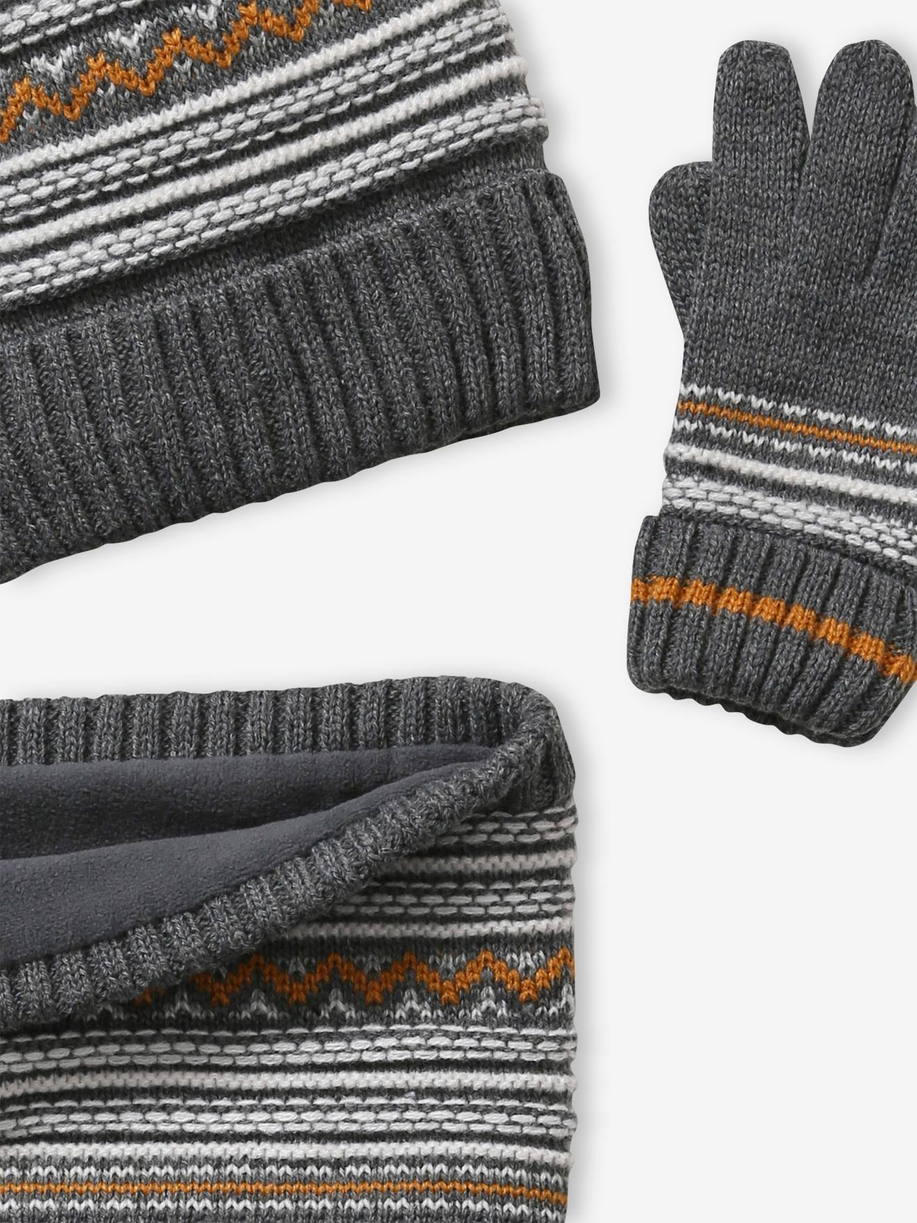 Ensemble garçon bonnet + snood + gants en maille jacquard gris