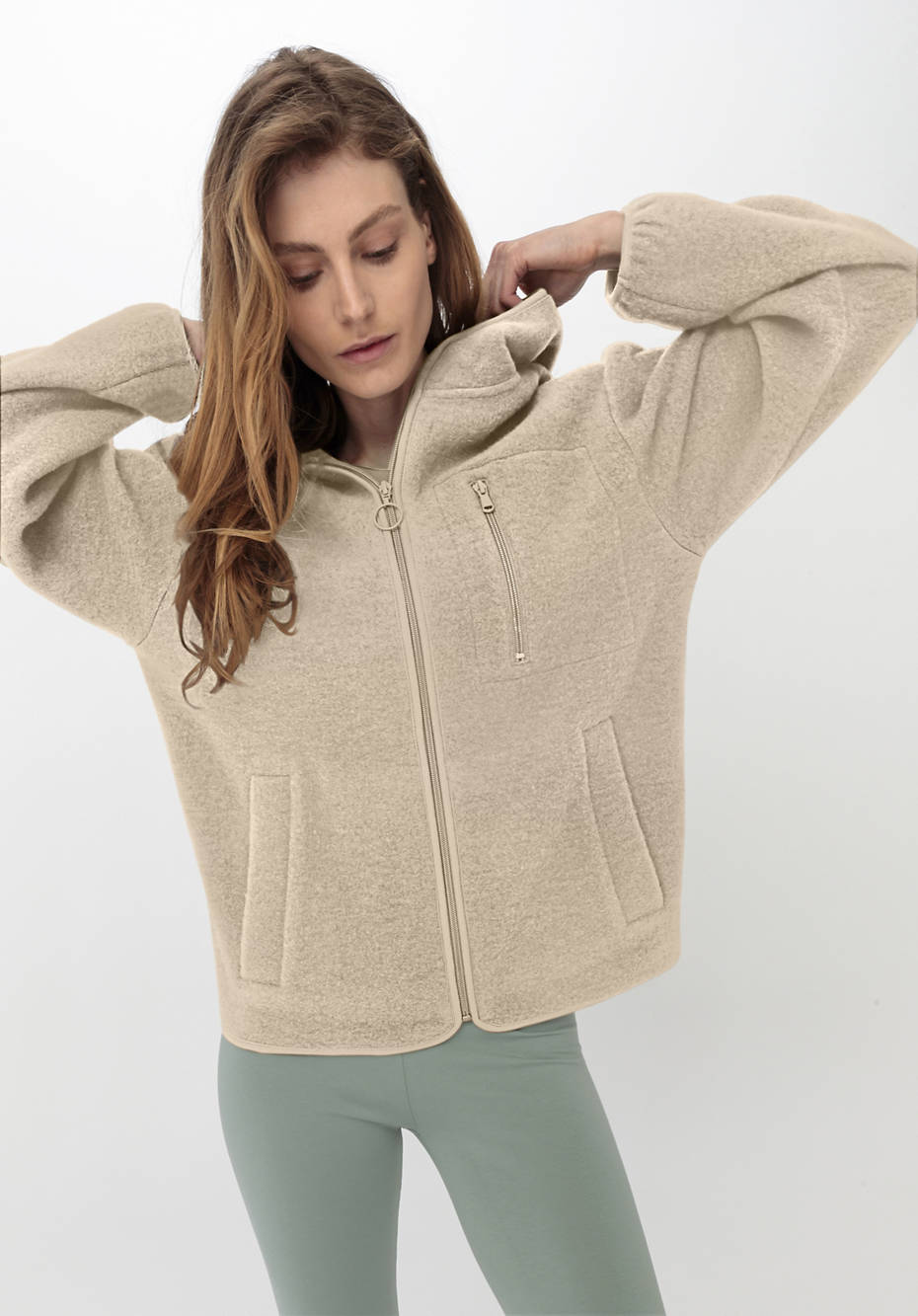Wollfleece Jacke mit Kapuze aus reiner Bio-Merinowolle