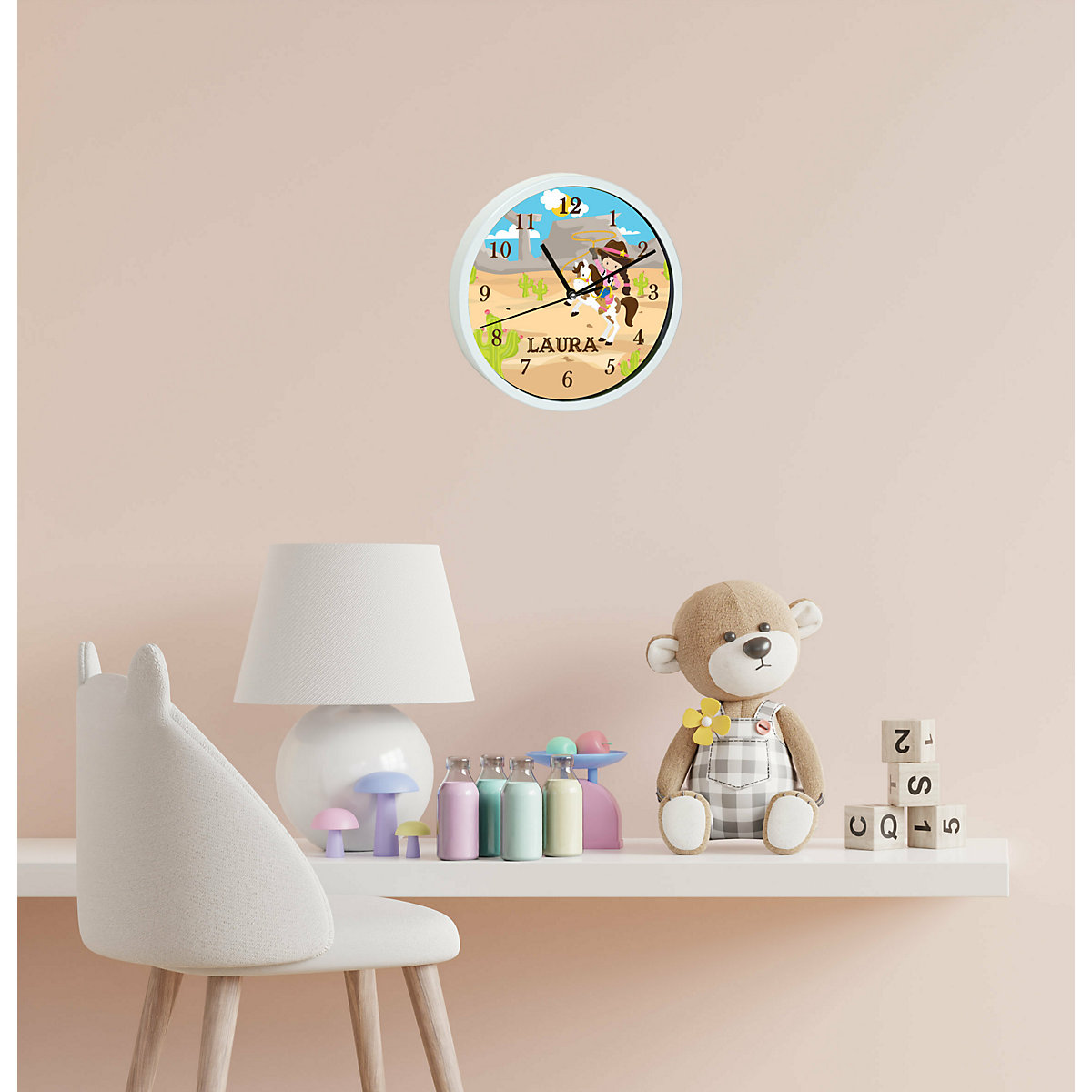 Kinder Wanduhr personalisiert mit Name Cowgirl