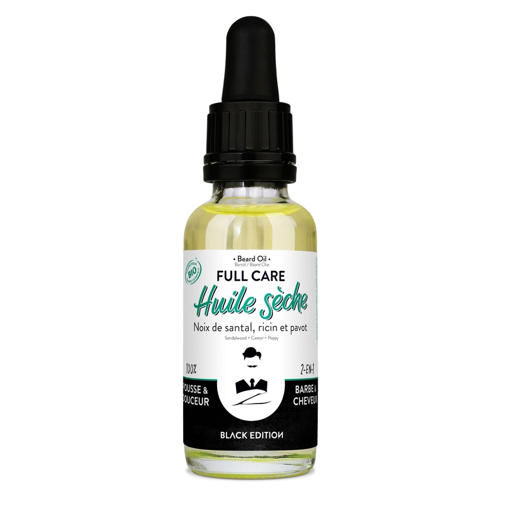 Monsieur Barbier Huile Barbe Bio, 100% Naturelle et Vegan - Full Care / Black Edition Huile Sèche Bio de Soin 2-en-1 Barbe & Cheveux pour Hommes / Parfum Tonka