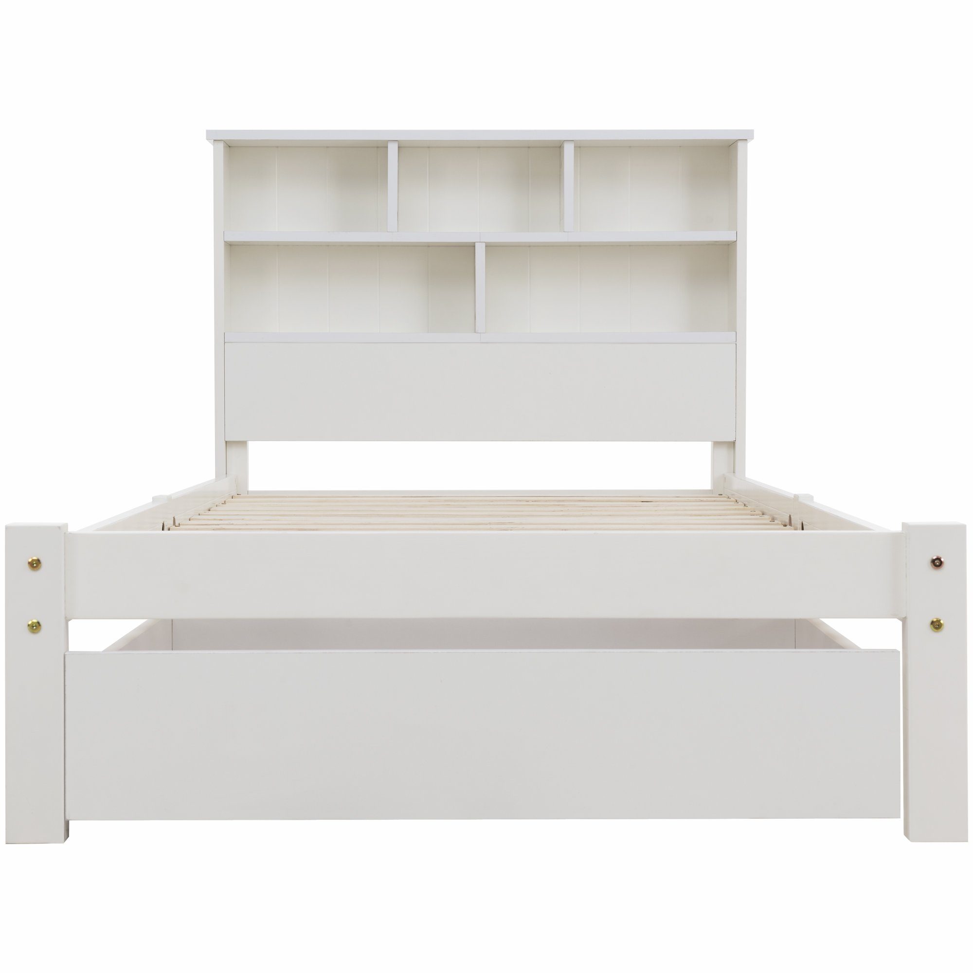 Flieks Massivholzbett, Einzelbett mit Bücherregal Kopfteil 90x200cm weiß