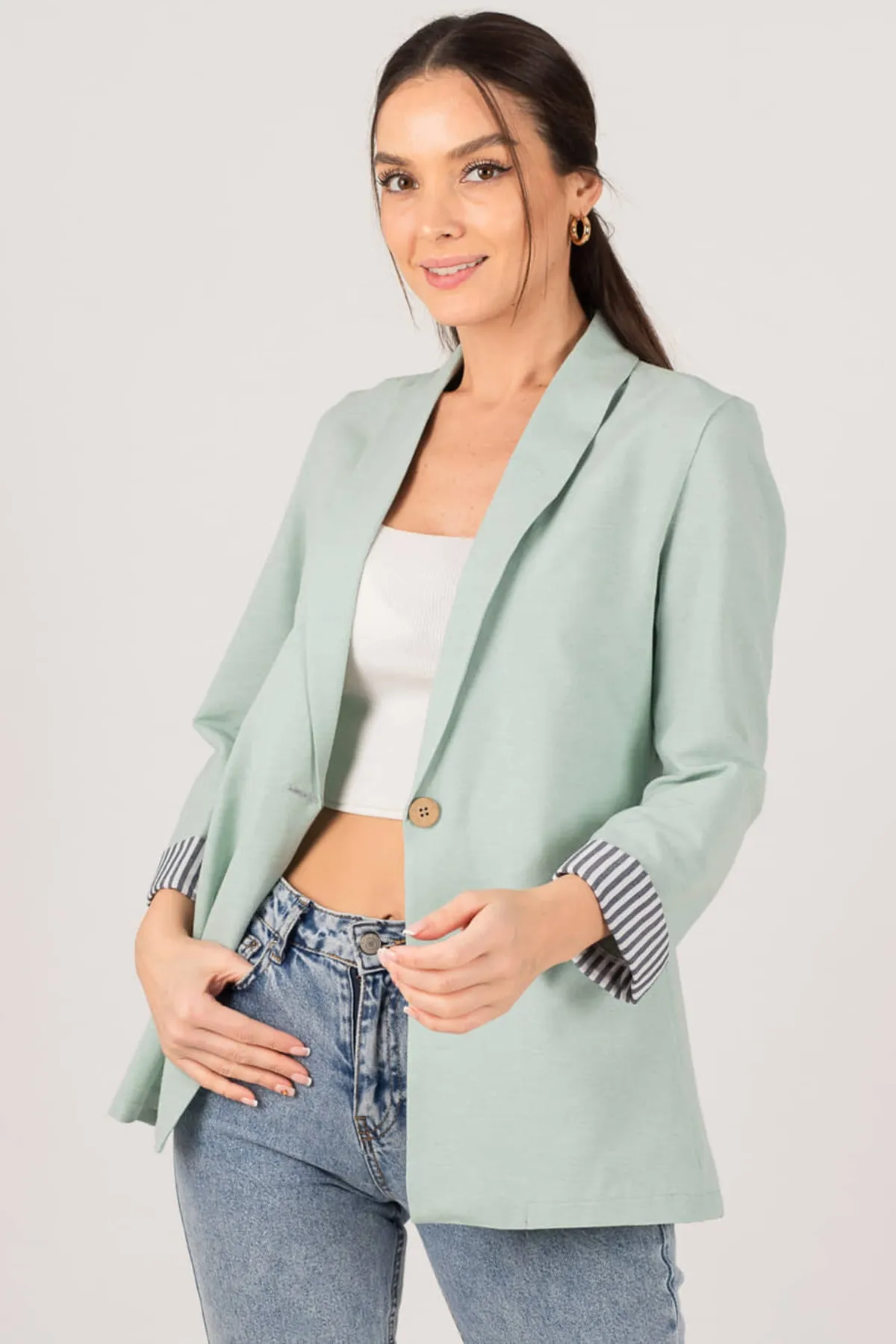 armonika  Gestreifte Jacke mit einem Knopf für Damen in Mintgrün, ARM-22K001122