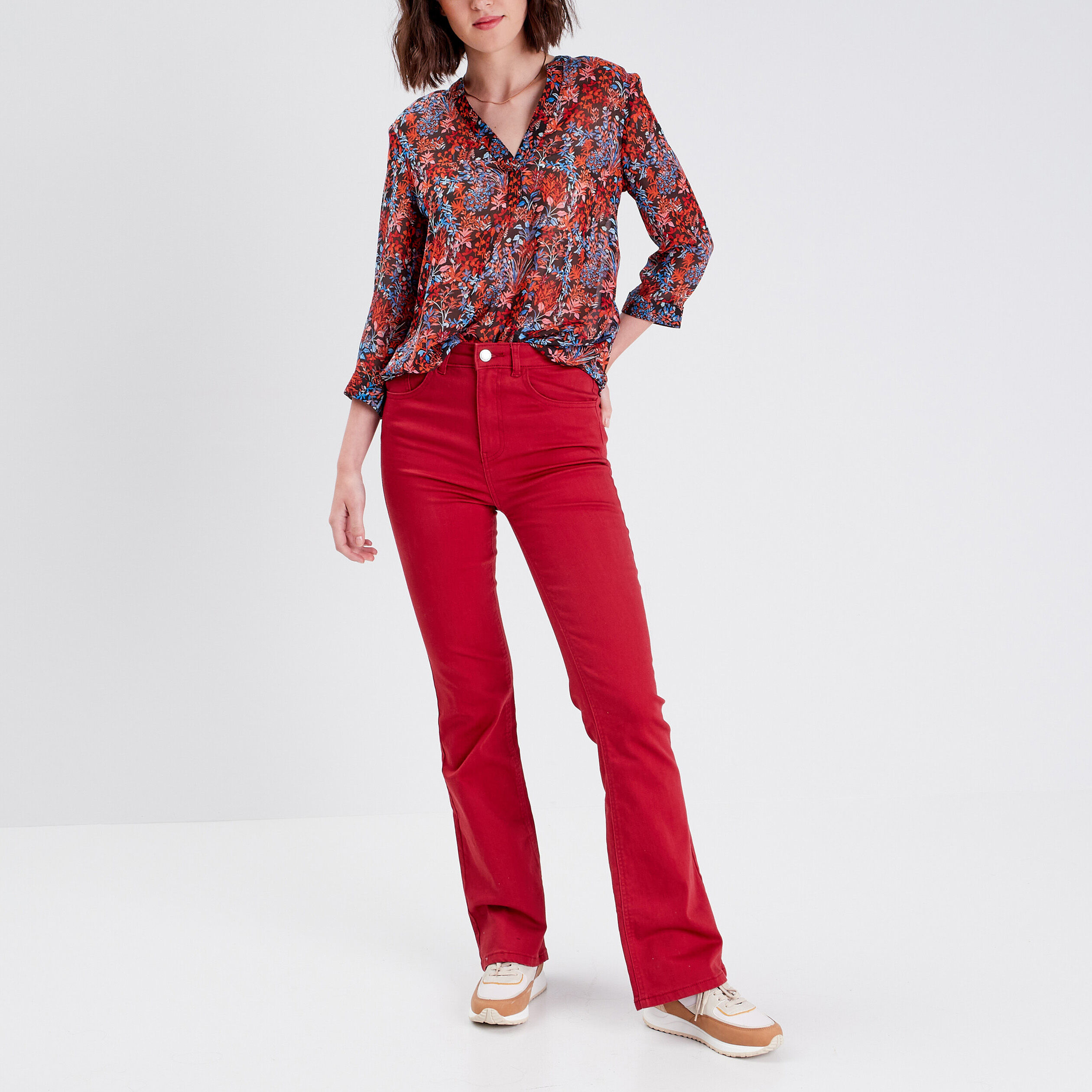 Jeans flare taille haute rouge foncé femme | Cache Cache
