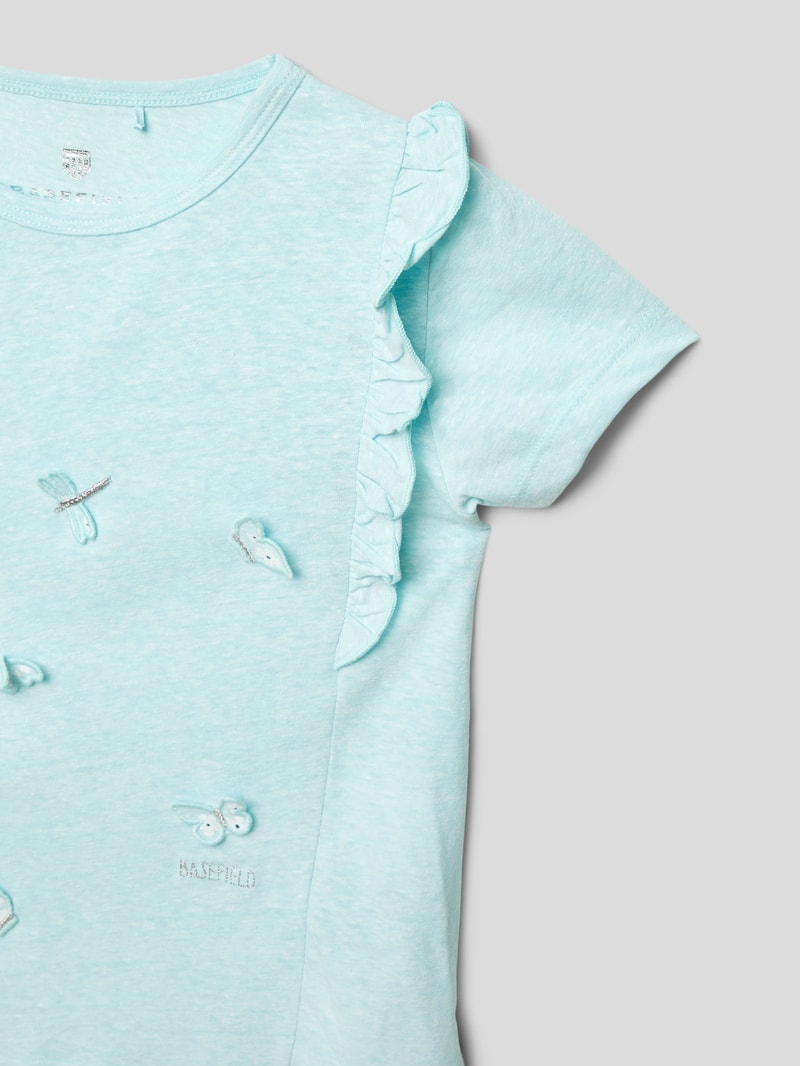 T-Shirt mit Rüschen und Applikationen in hellblau