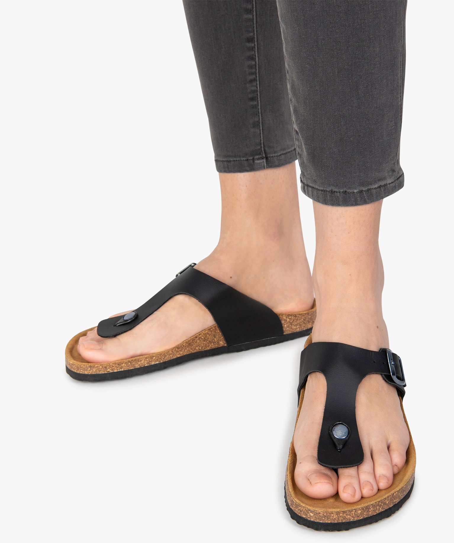 Mules femme à talon plat avec large bride en T unie noir | GEMO