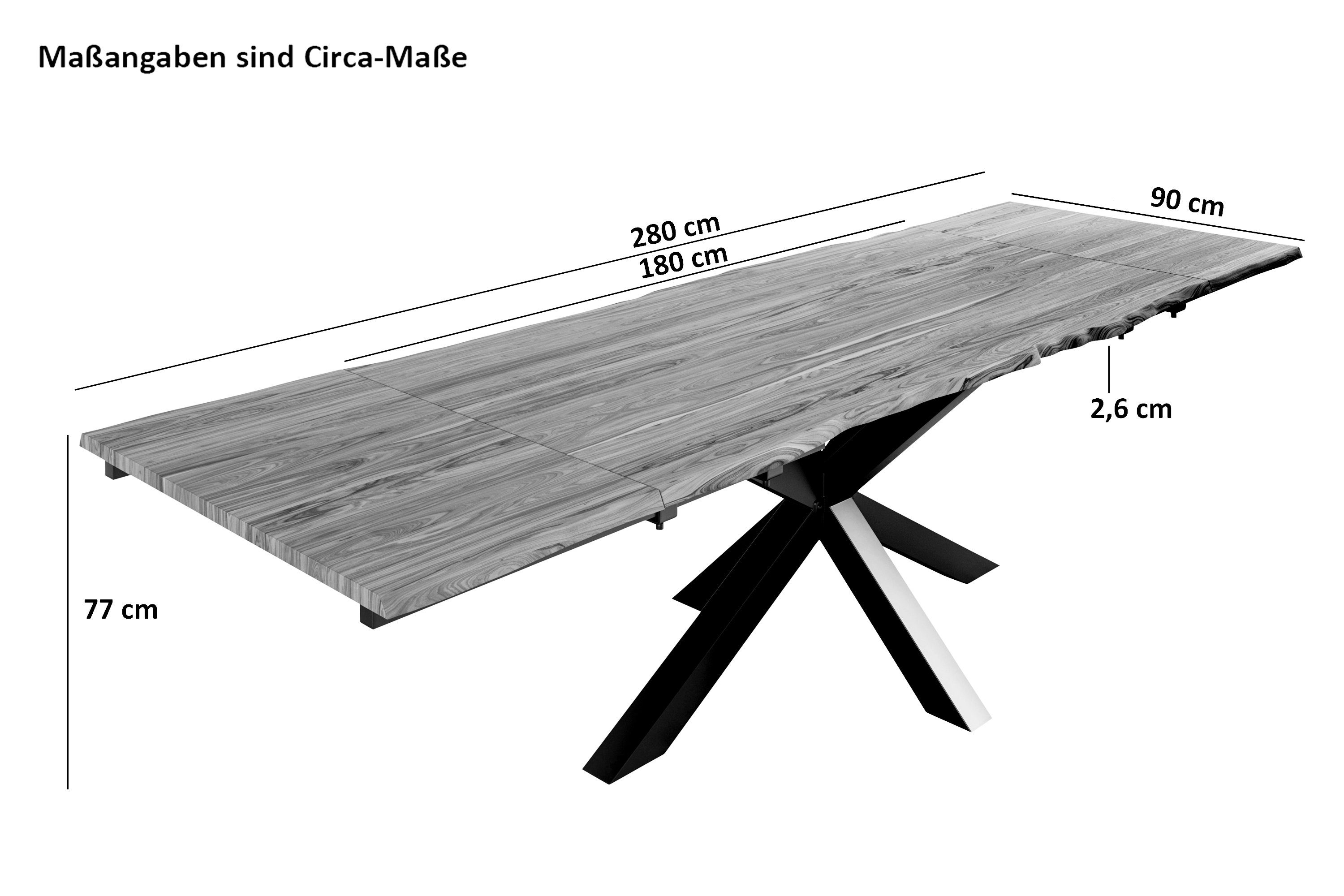 Junado® Baumkantentisch Jannik by Wolf Möbel, Akazienholz massiv, Tischplattenstärke: 26mm, echte Baumkante, schwarzes Spidergestell, bis 3,20 Meter erhältlich, inkl. Ansteckplatten (je 50cm)