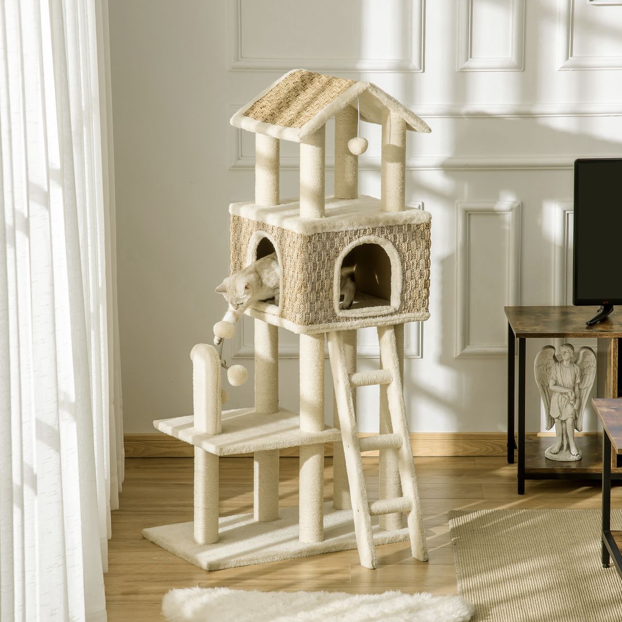 PawHut Kratzbaum Katzenbaum mit Katzenhöhle und großer Plattform aus Plüsch in Khaki Beige Kaffee