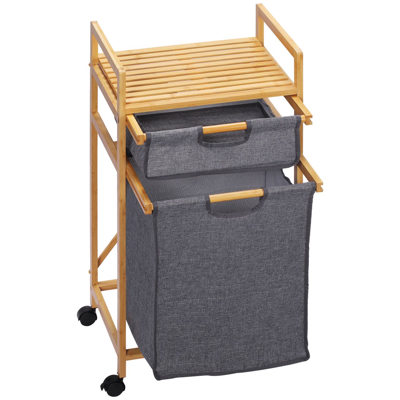 HOMCOM Wäschekorb Wäschebox mit 2 Stoffbeutel Wäschesack Wäschesammler mit Rollen Aufbewahrungskorb Bambus Naturholz Grau 42 x 35 x 84,5 cm
