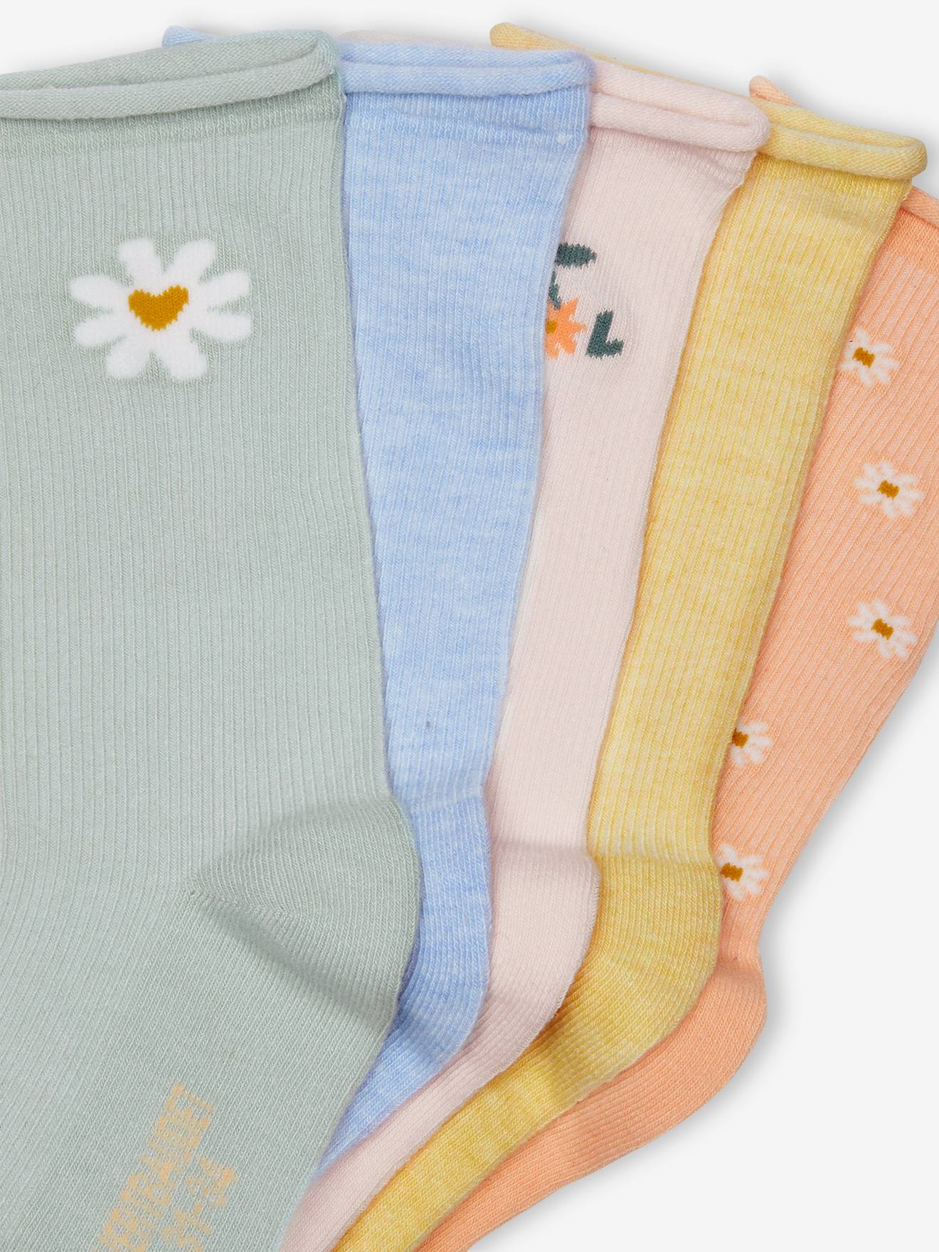 Lot de 5 paires de chaussettes marguerites fille en maille côtelée abricot