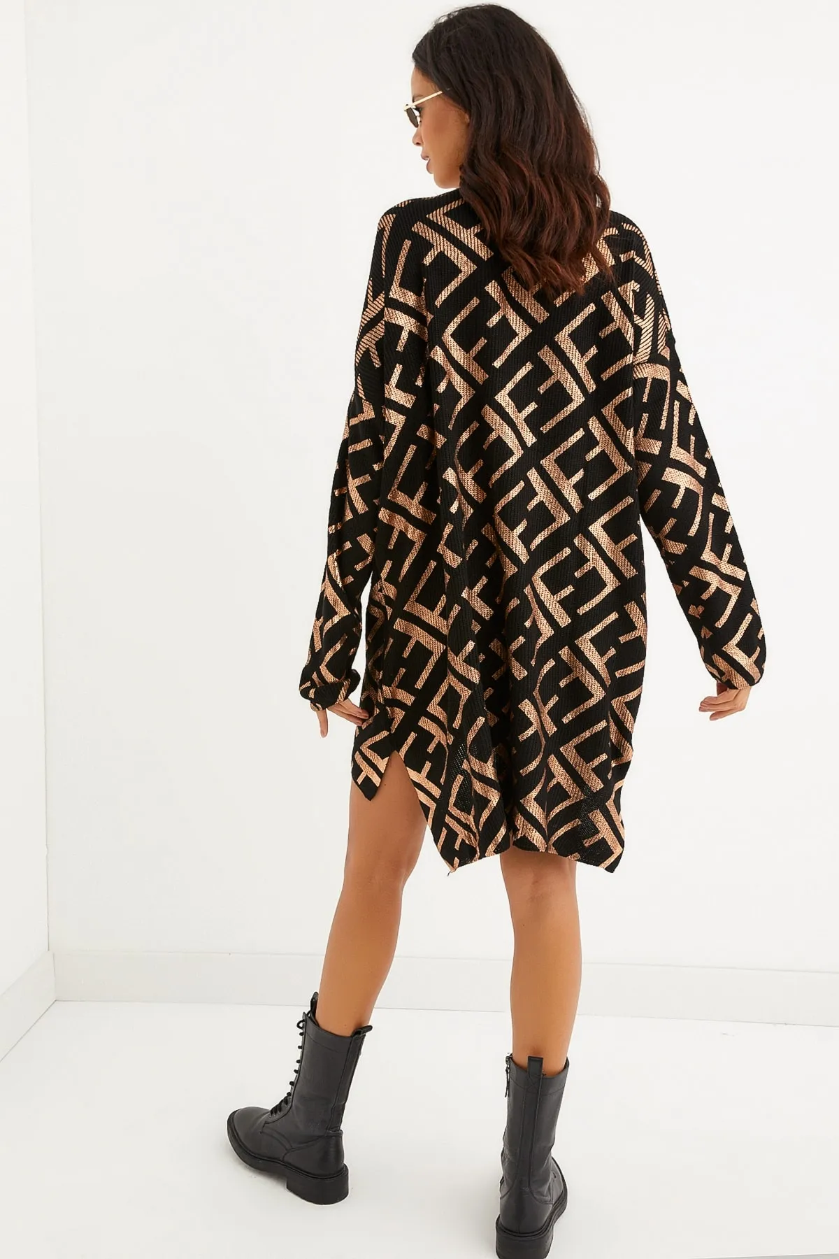 Cool & Sexy  Schwarz-goldblättriges Strick-Tunikakleid für Damen TD122