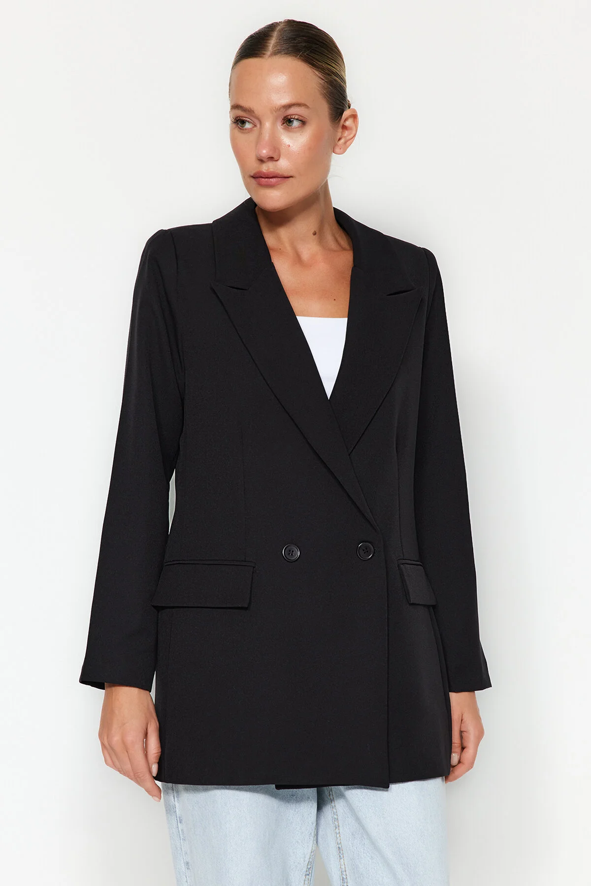 Trendyol Collection  Schwarzer, normal gefütterter, zweireihiger, gewebter Blazer mit Verschluss TWOSS20CE0059