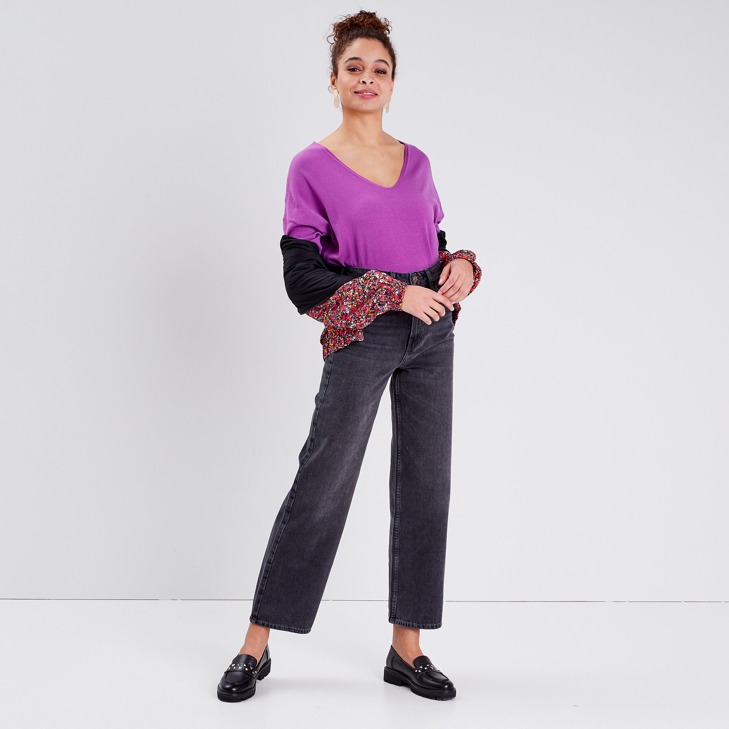 Pull avec col en V violet femme | Cache Cache