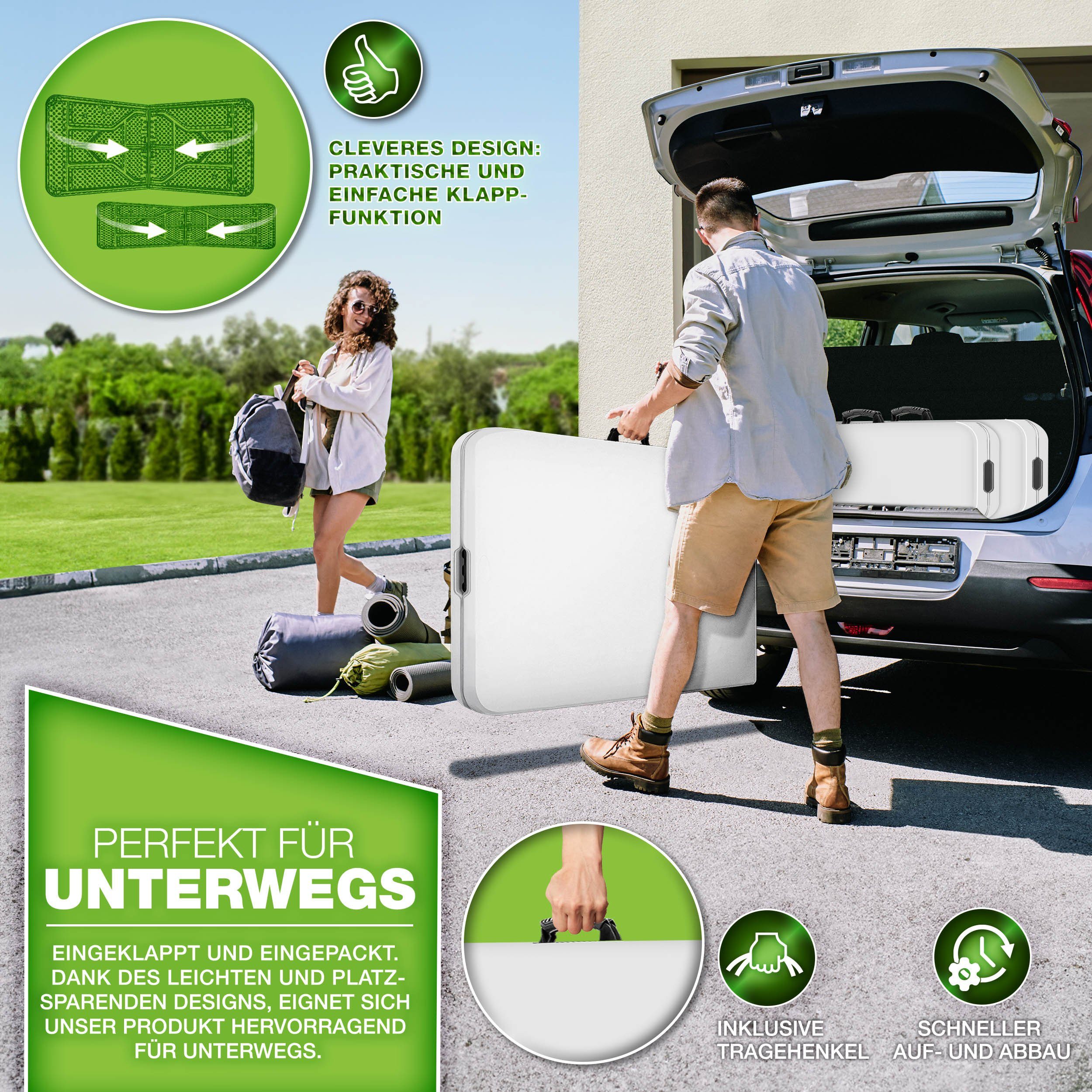tillvex Bierzeltgarnitur klappbar 3-teilig Set Kunststoff Gartengarnitur wetterfest 180 cm, (Gartenmöbel Set Indoor & Outdoor mit Gartentisch und Bänken, Festzeltgarnitur)