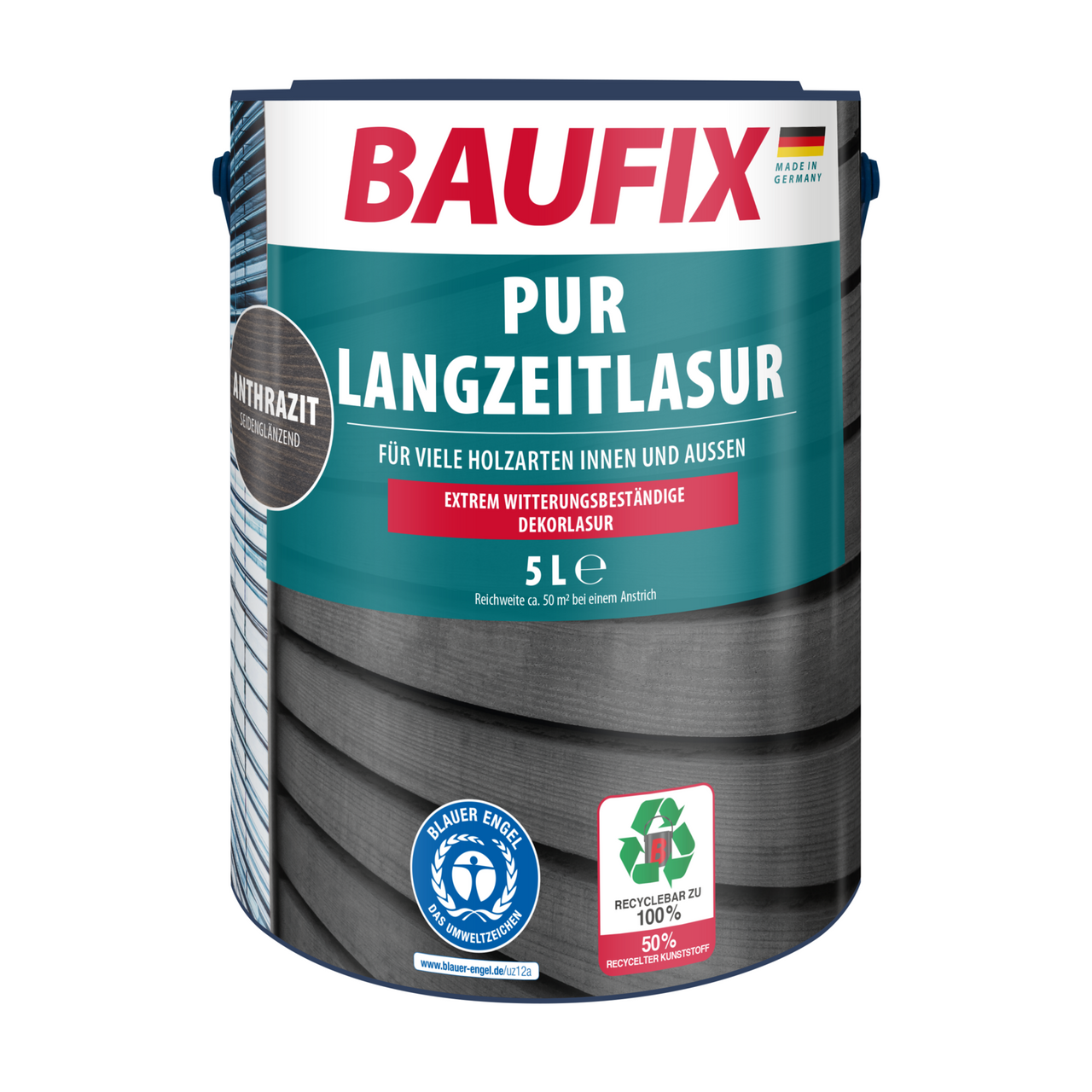 Baufix PUR Langzeitlasur anthrazitgrau seidenmatt, 5 Liter, Holzlasur