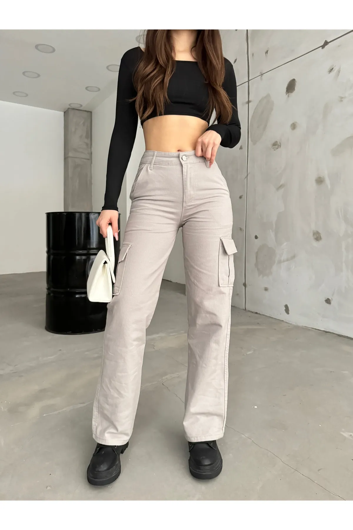 BİKELİFE  Graue Damen-Cargohose mit hoher Taille und weitem Bein