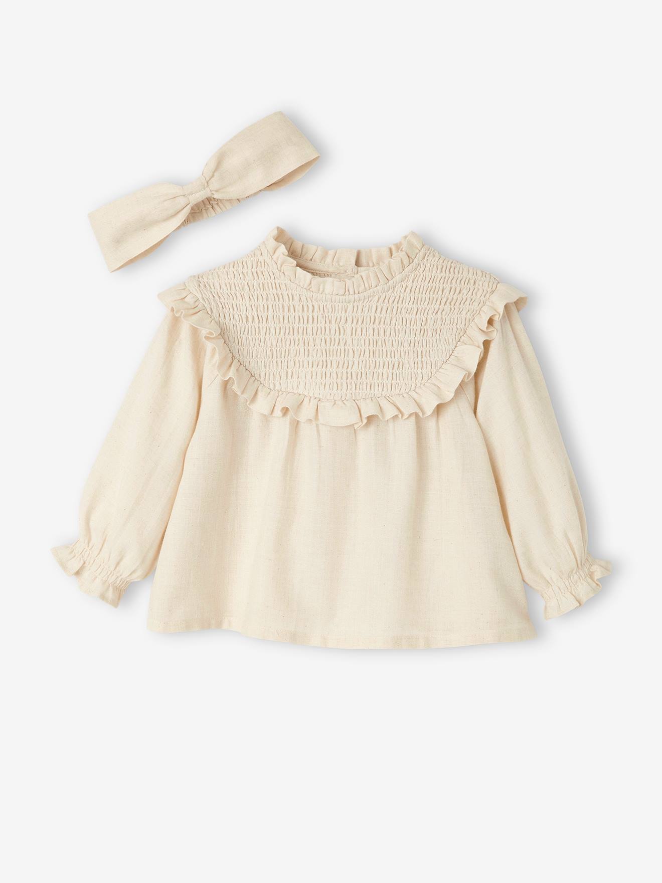 Blouse à smocks bébé et son bandeau assorti lilas