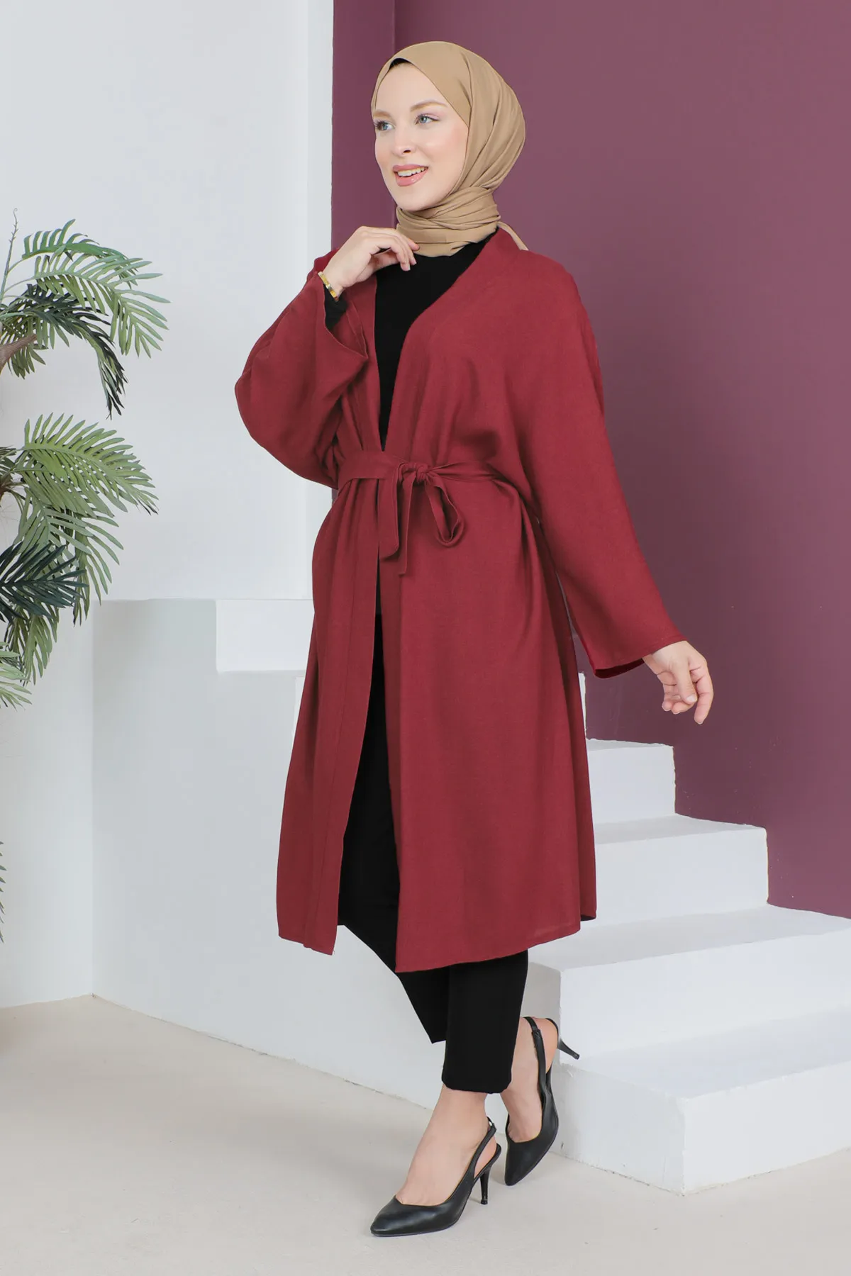 Tesettür Dünyası  Kimono mit Taillengürtel TSD230513 Weinrot