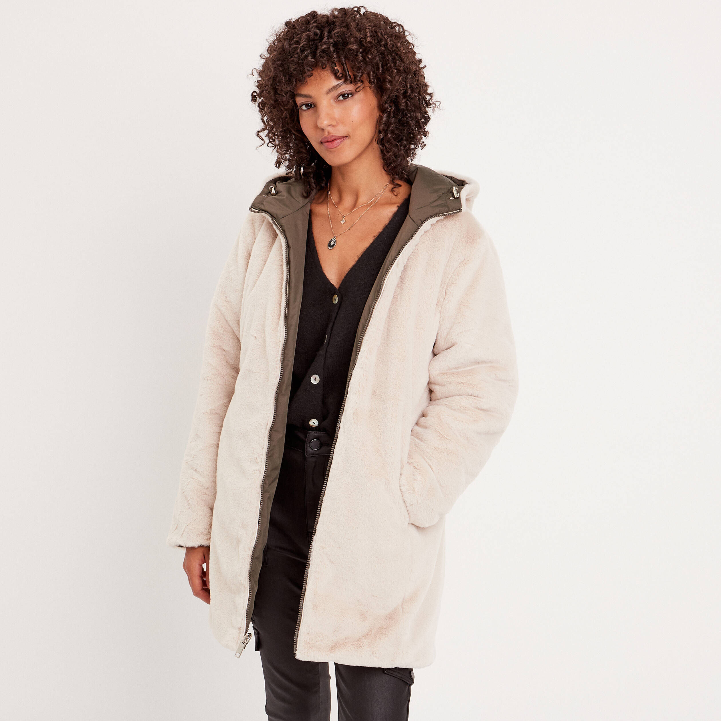 Parka réversible à capuche vert kaki femme | Cache Cache