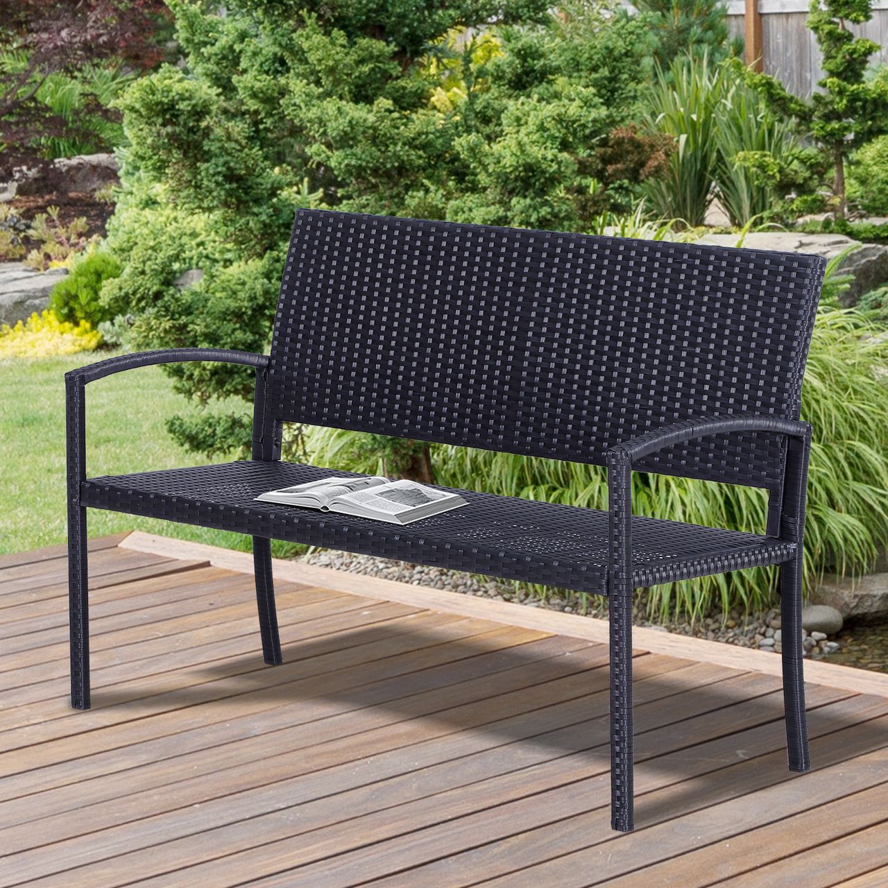 Outsunny Polyrattan Gartenbank Parkbank Sitzbank 2-Sitzer Geflecht Stahl Schwarz B122 x T60 x H87cm