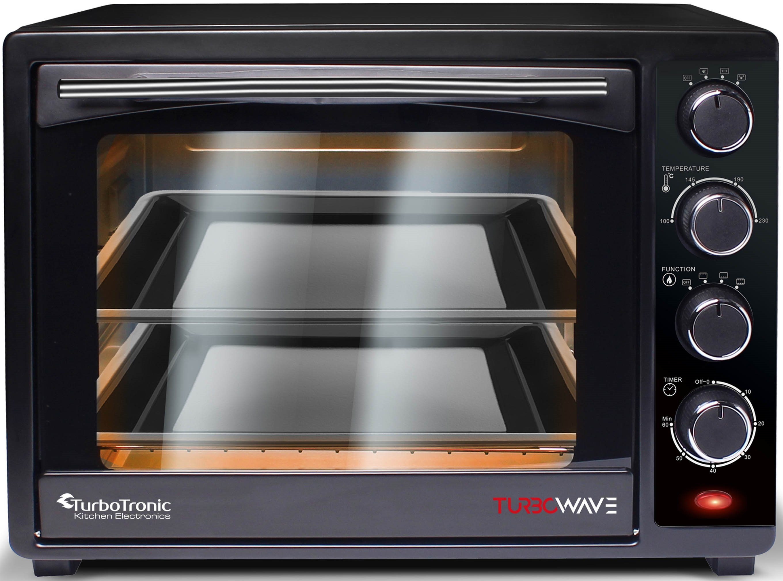 TurboTronic by Z-Line Minibackofen 35 Liter Schwarz, inkl. 1x Grillrost & 2x Backblech 1600W Camping, Pizzaofen 100-230°C Tischbackofen, mit Drehspieß