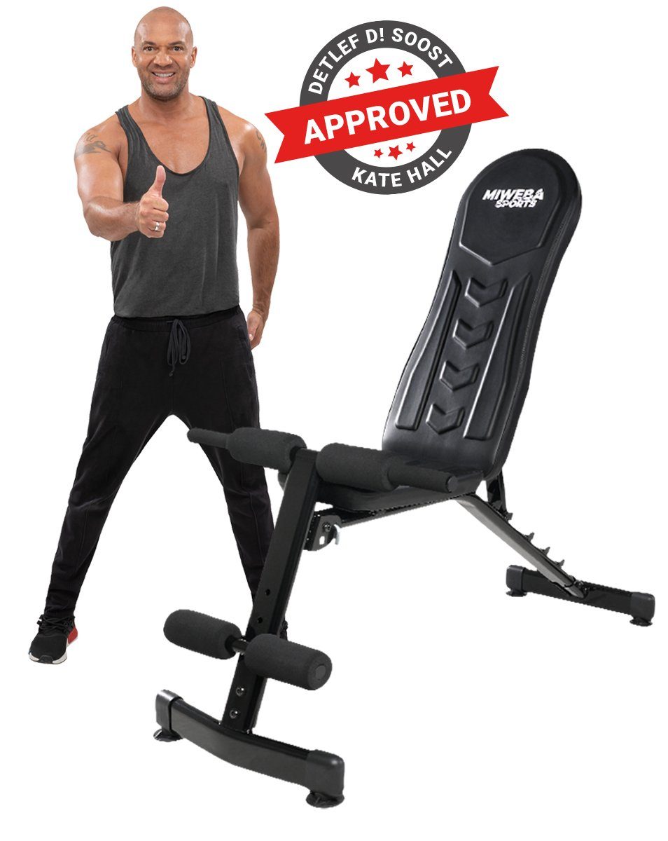 Miweba Sports Hantelbank Profi Trainingsbank MB200 - verstellbare & klappbare Flachbank, (6-fach verstellbare Lehne, Widerstandsbänder, 200 Kg max. Benutzergewicht, 3 Trainingspositionen, rutschfeste Standfüße, Bauchtrainer, Workout, Krafttraining, H