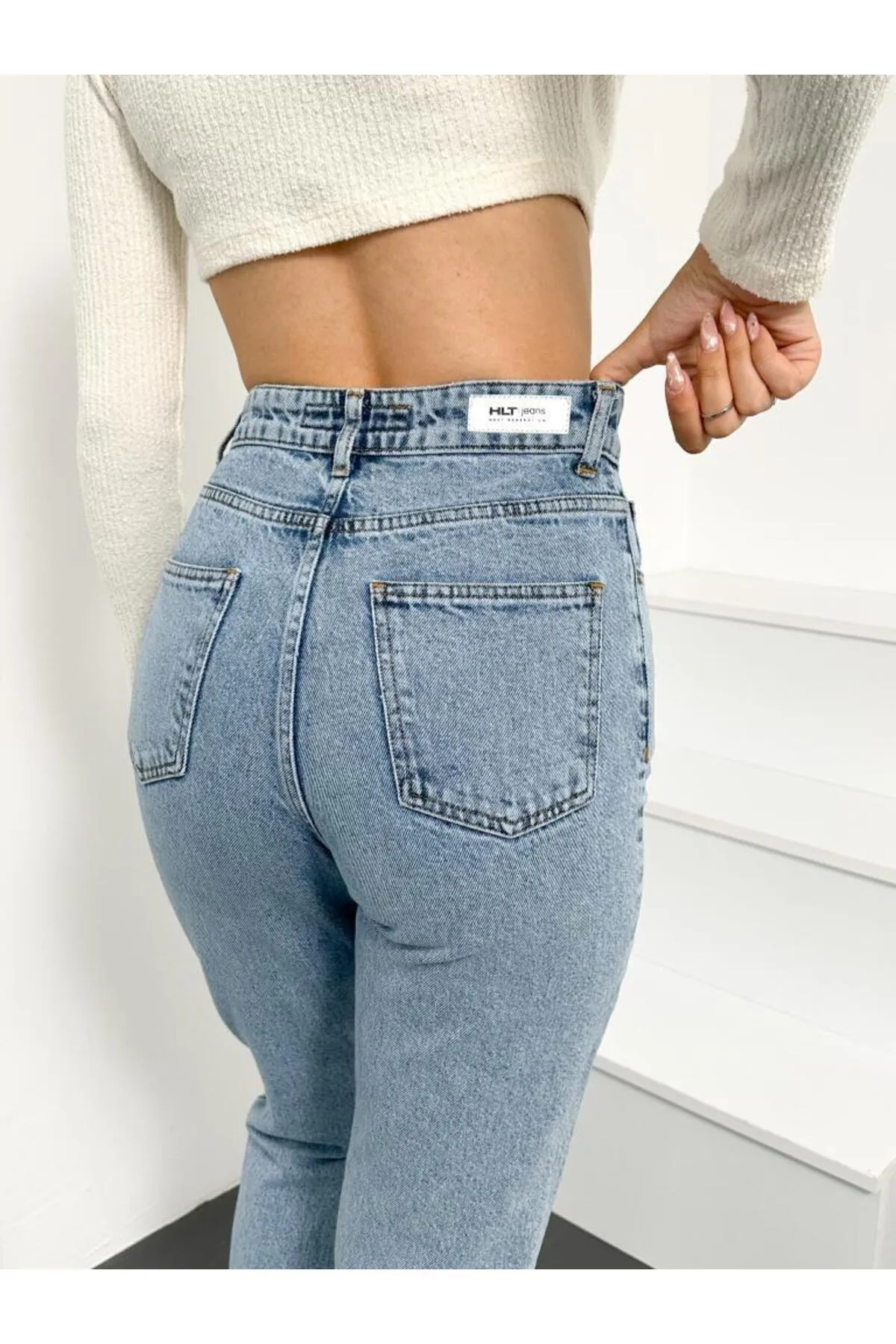 HLT JEANS  Blue Snow Damen-Mom-Jeans mit hoher Taille, Lycra-frei, Denim-Hose aus 100 % Baumwolle, Anna-Modell