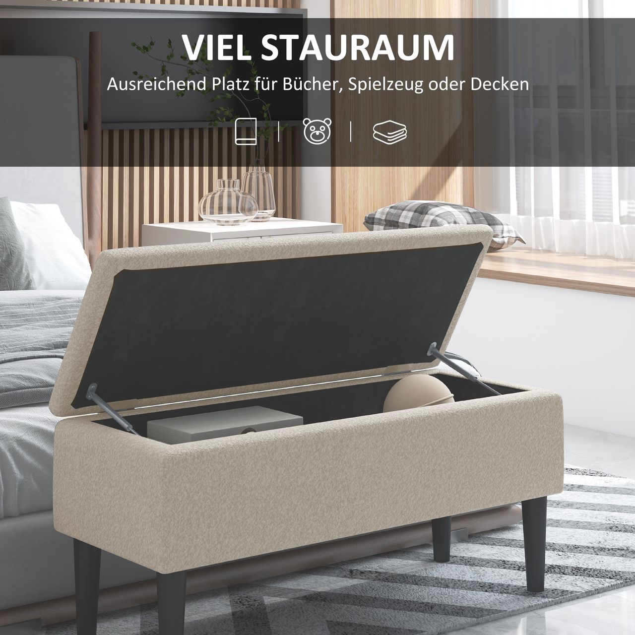 HOMCOM Sitzbank mit Stauraum, Bettbank, Polsterbank mit Klappdeckel, Samt, Creme