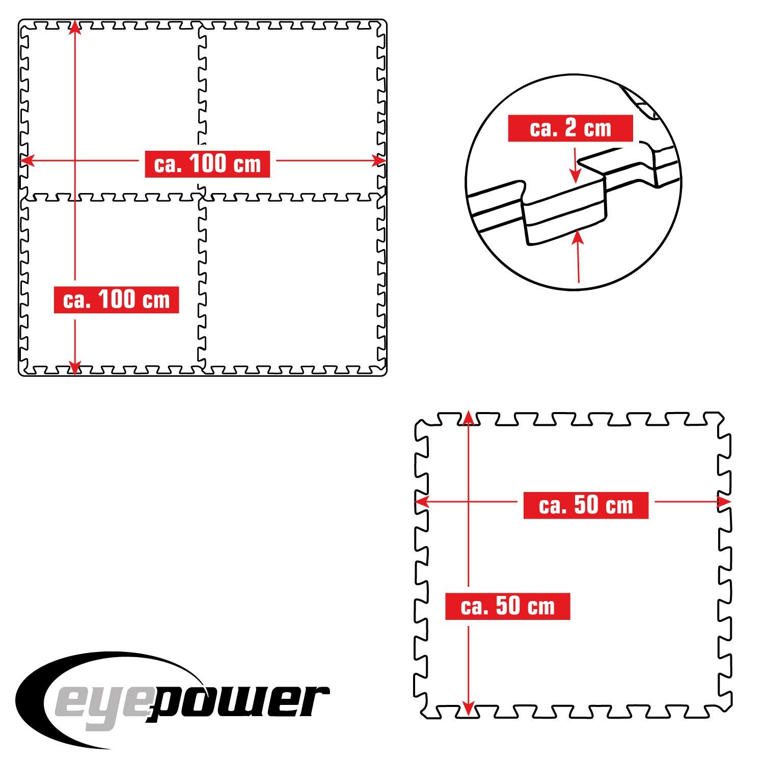 eyepower Fitnessmatte 2 cm Dick: 1m² Bodenschutz Fitnessmatte 50 x 50 cm, 4 Sportmatten Optische Mängel
