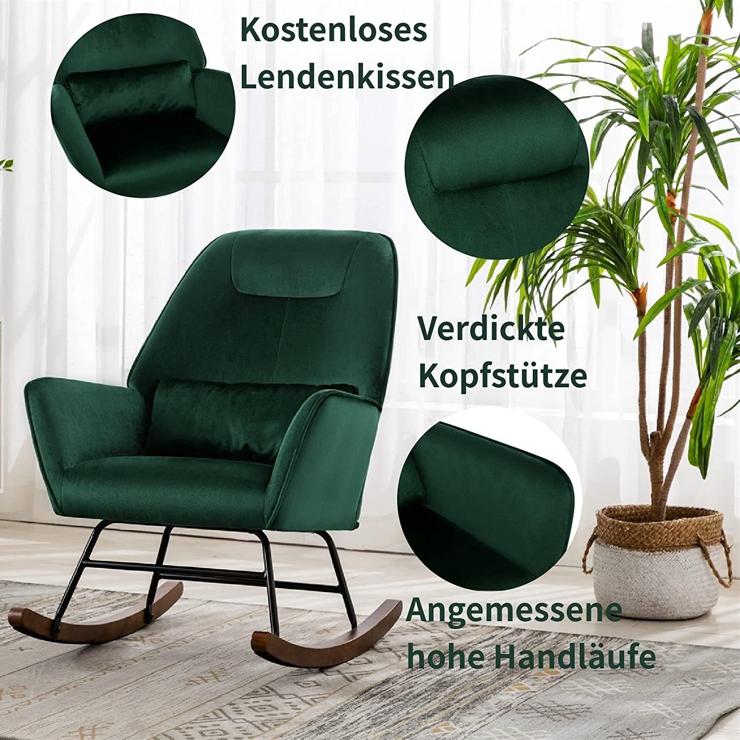 HomeMiYN Schaukelstuhl Schaukelstuhl Samt Schaukelsessel Mit Lendenkissen Holzsockel Sessel, Schaukelstuhl, das Baby zum Schlafen bringen