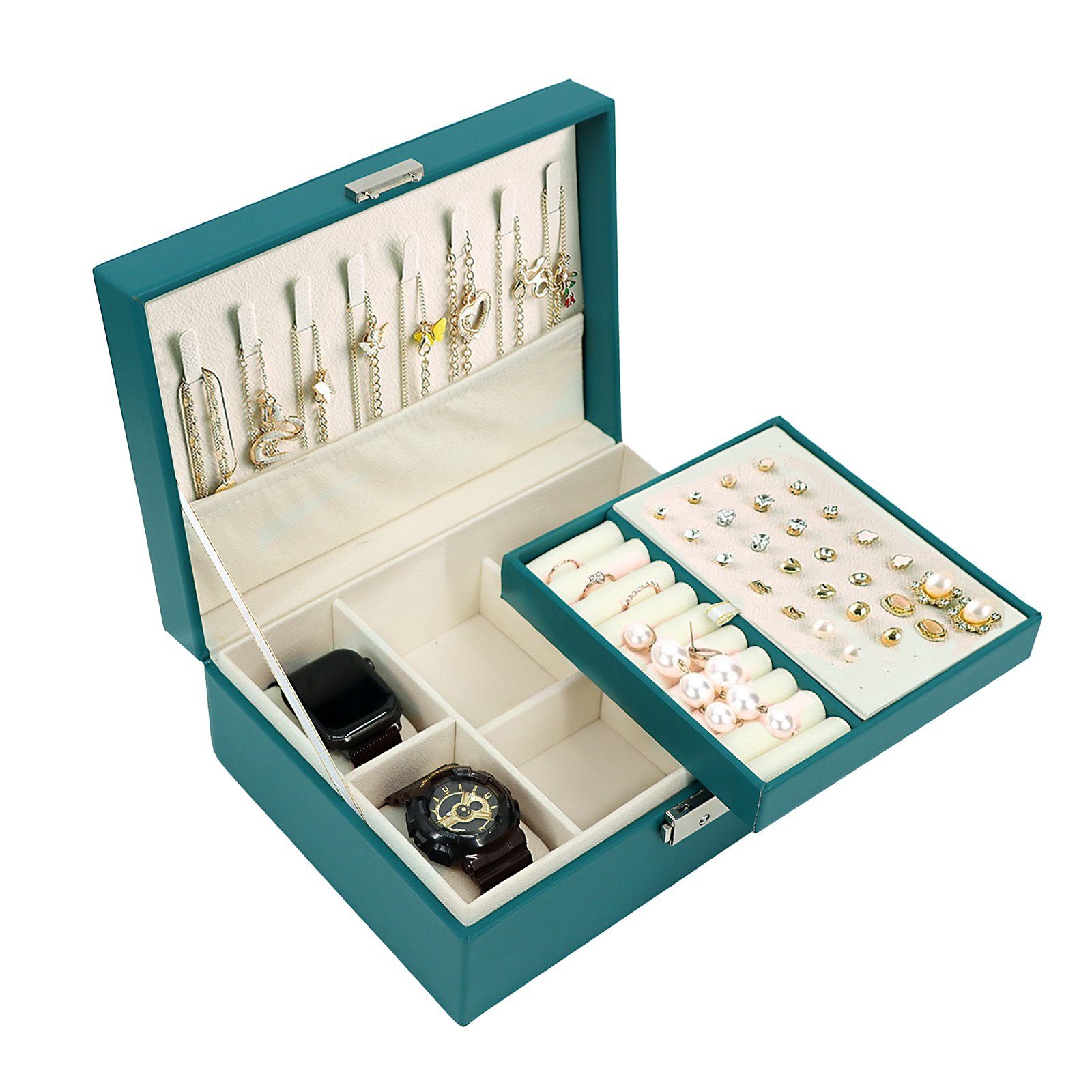 CALIYO Schmuckkassette Schmuckkästchen für Damen Mädchen, Schmuckaufbewahrung, mit Schlüssel für Ketten Ringe Ohrringe Armbänder Uhren