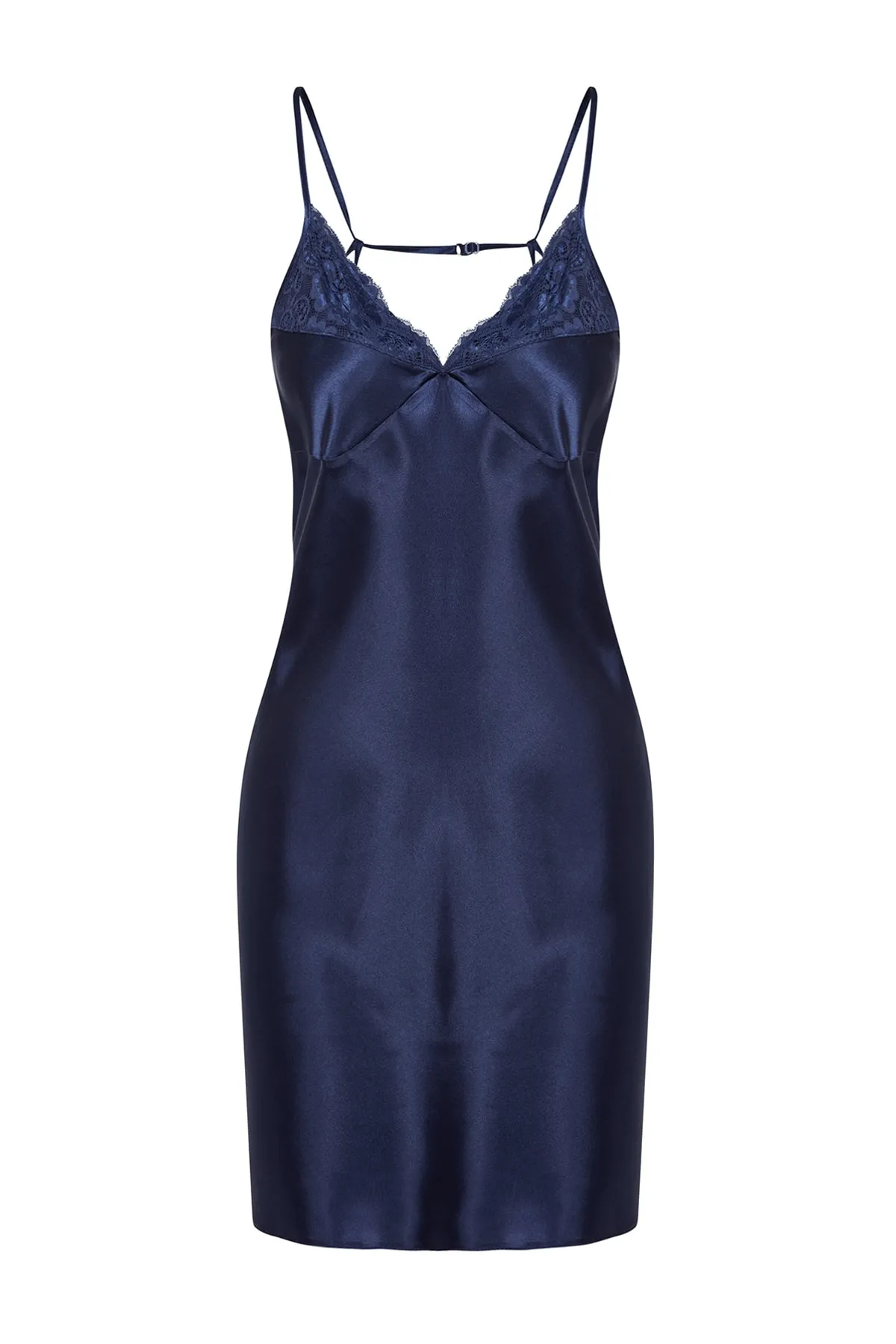 Trendyol Collection  Marineblaues Nachthemd aus gewebtem Satin mit Seilträgern und detaillierter Rückseite THMAW24GC00002