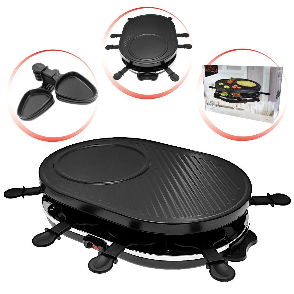 Elfmonkey Raclette Raclette XL - 8 beschichtete Tassen, Tischgrill, 1200 Watt, 8 Raclettepfännchen, 1200,00 W