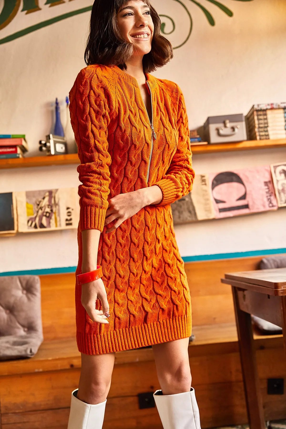 Olalook  Geflochtenes Strickkleid mit orangefarbenem Reißverschluss für Damen ELB-19001362