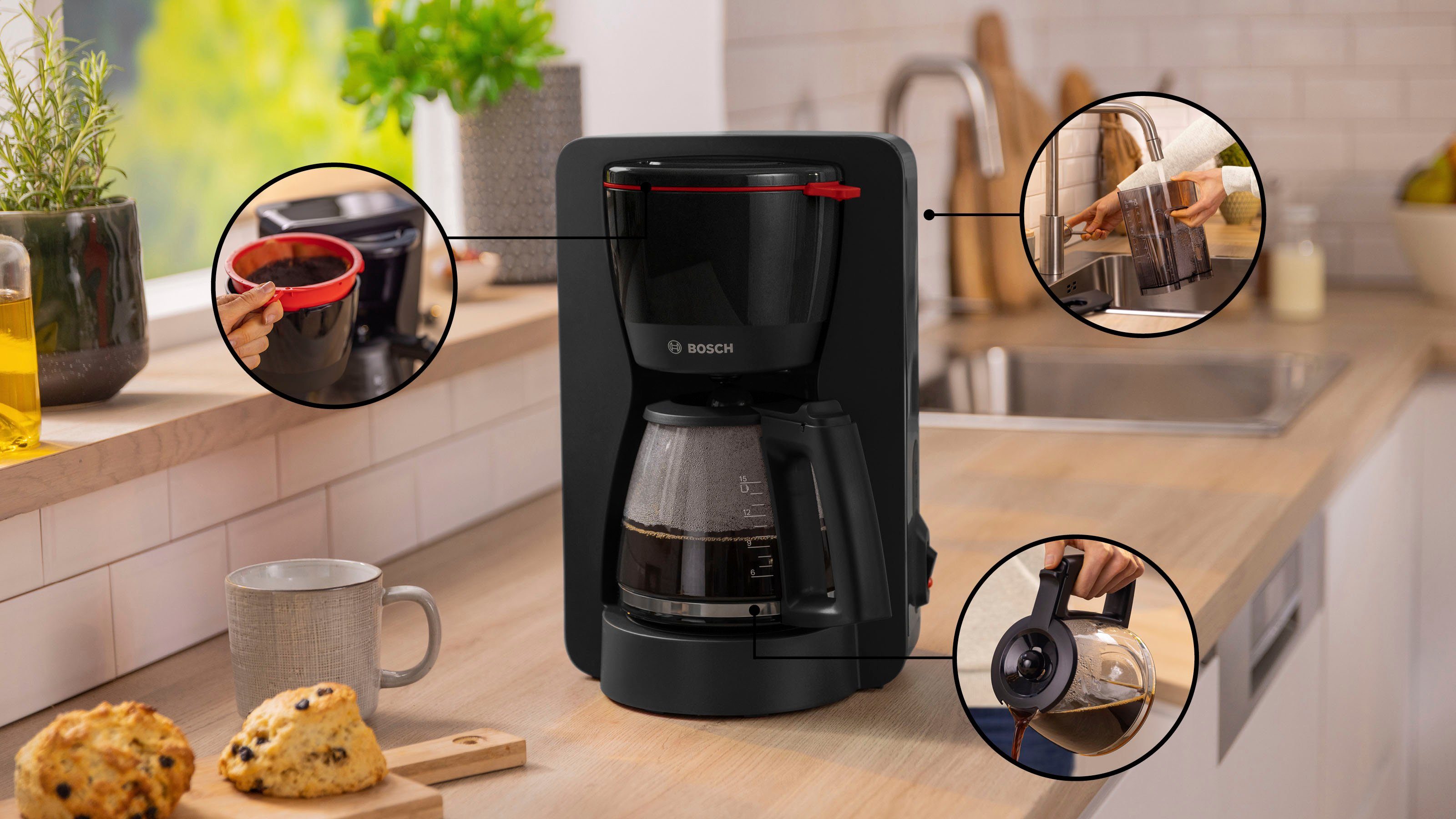BOSCH Filterkaffeemaschine MyMoment TKA2M113, 1,25l Kaffeekanne, Papierfilter 1x4, für 10-15 Tassen, Glaskanne, 40min Warmhaltefunktion, 1200 W