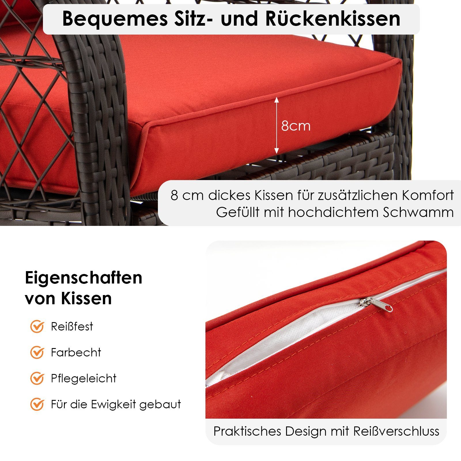 COSTWAY Schaukelstuhl, Rattan, mit Lehne und Kissen, 87x67x95cm
