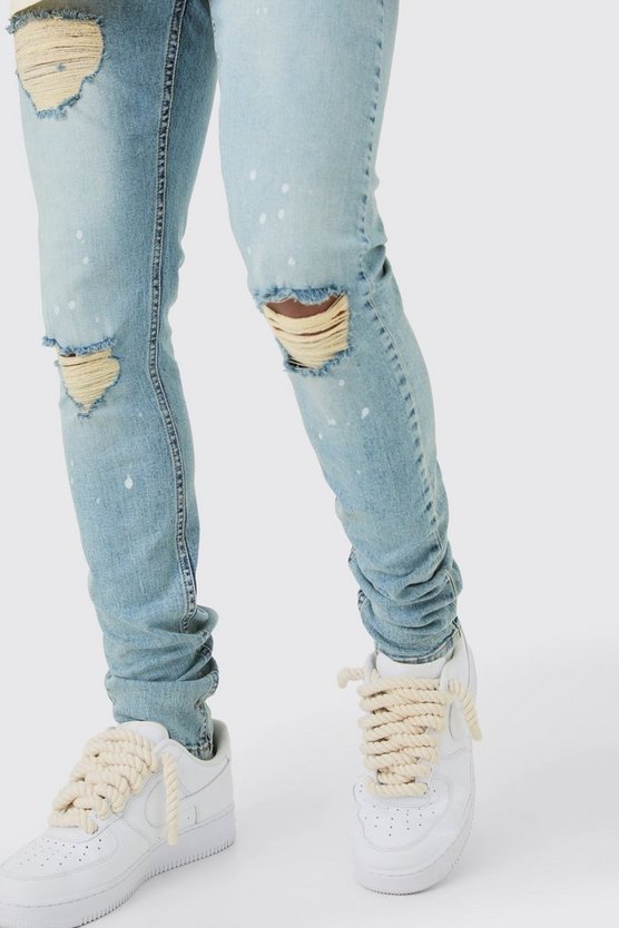 Skinny Stretch Stacked Ripped Paint Splatter Jeans In Ice Blue