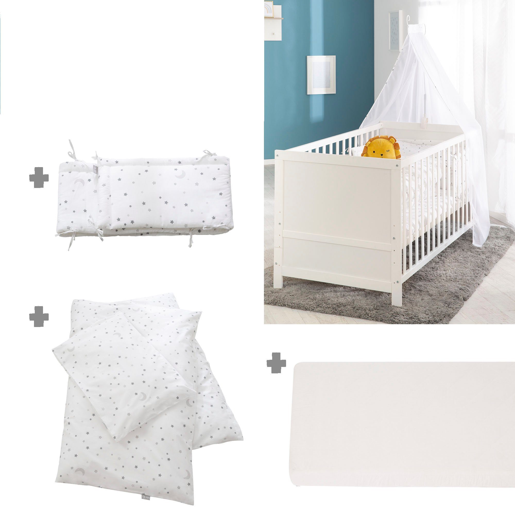 roba® Komplettbett Sternenzauber, weiß, 7-tlg., inkl. Babybett, Matratze, Lattenrost, Himmelstange mit Himmel