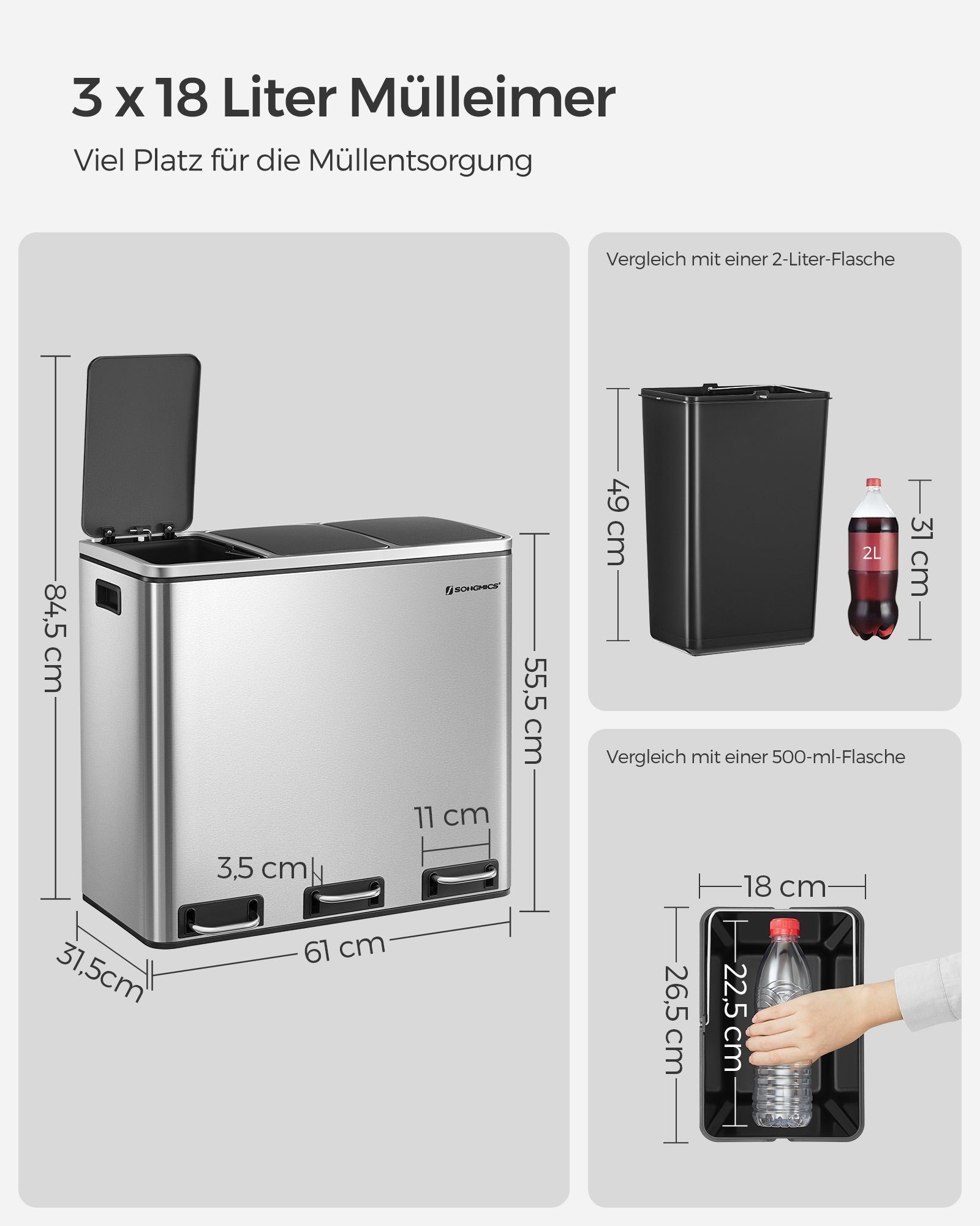 SONGMICS Mülleimer Mülltrennsystem, 3 x 18 L, ergonomisch, 3 Fächer, Küche
