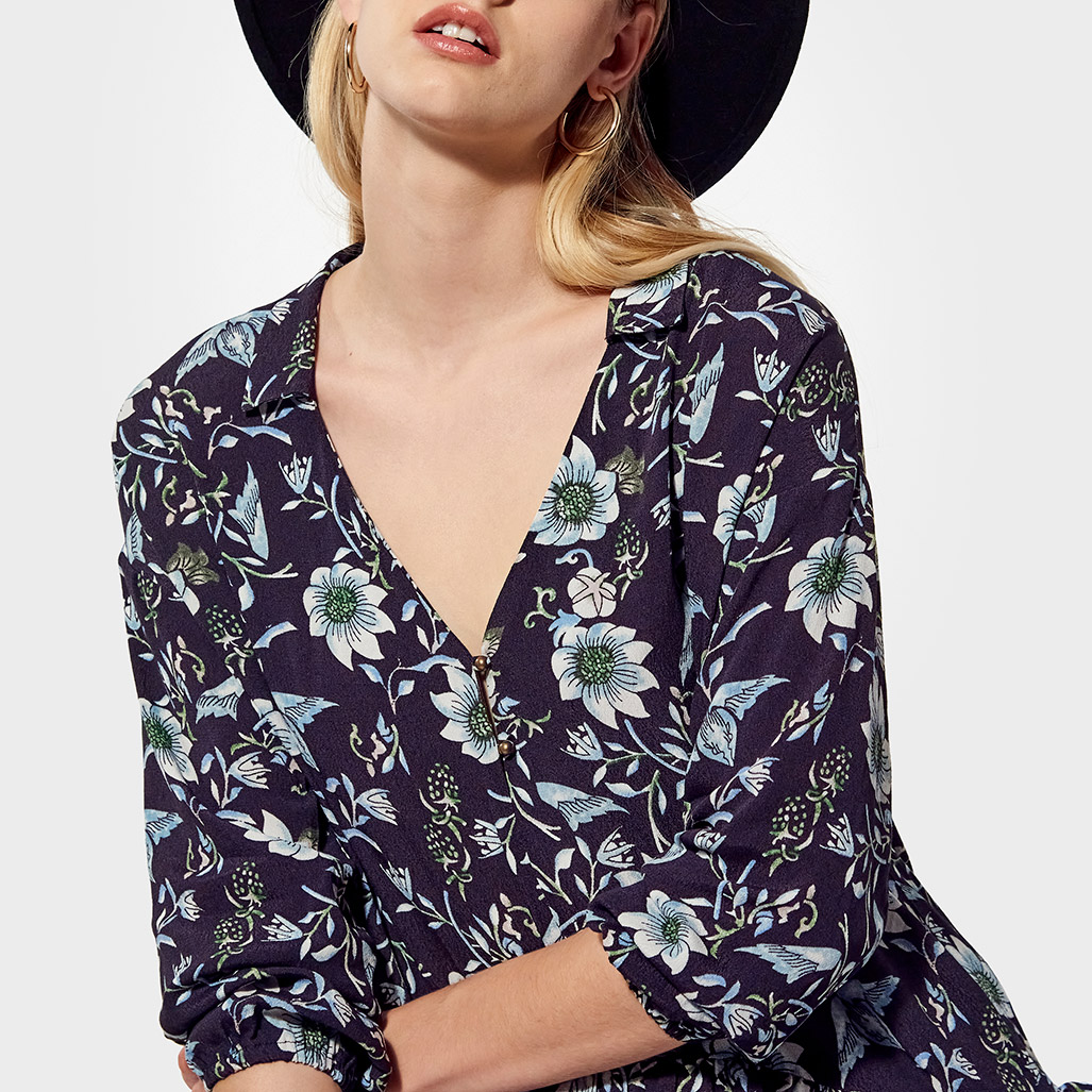 SIJAN  Blouse loose Femme fleurie bleue
