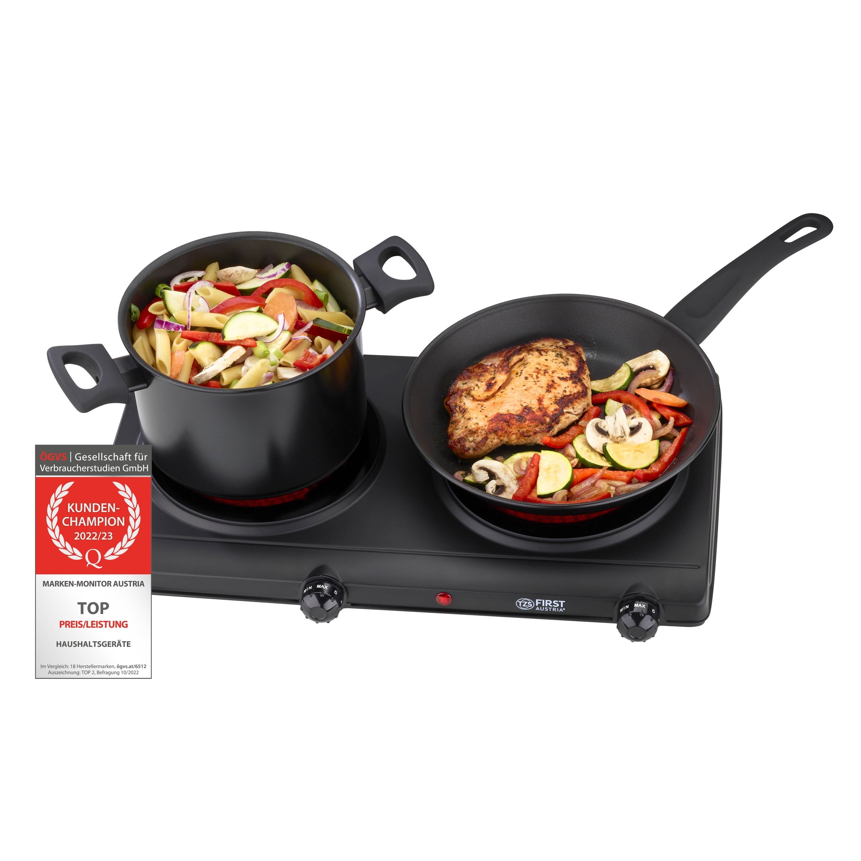 TZS FIRST AUSTRIA Doppelkochplatte Infrarot Kochplatte, 2500W, Keramik, stufenlose Temperaturregelung, Kochfeld Schwarz, Herdplatte für Camping