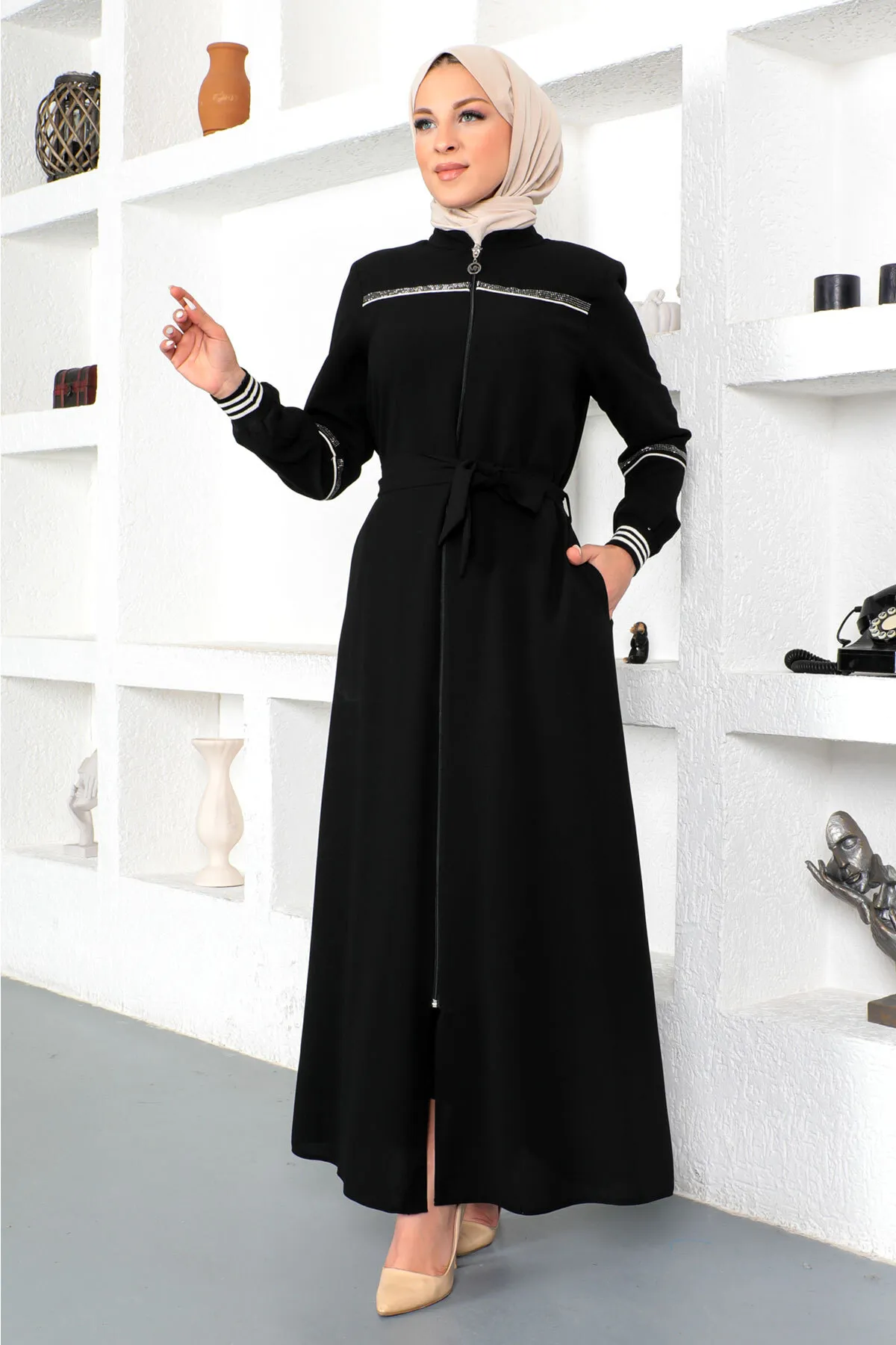 Tesettür Dünyası  Gerippter Hijab Abaya Tsd230328 Schwarz