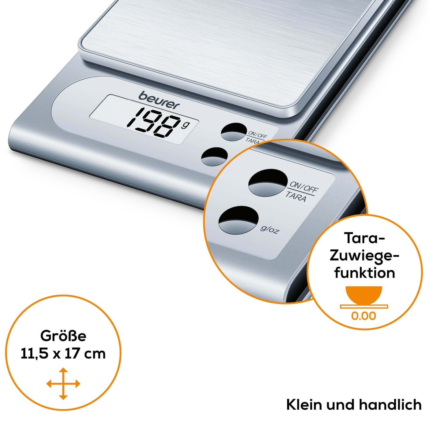 Beurer Küchenwaage - KS 22-Kleine edle Küchenwaage mit Edelstahlwiegefläche & Tarafunktion