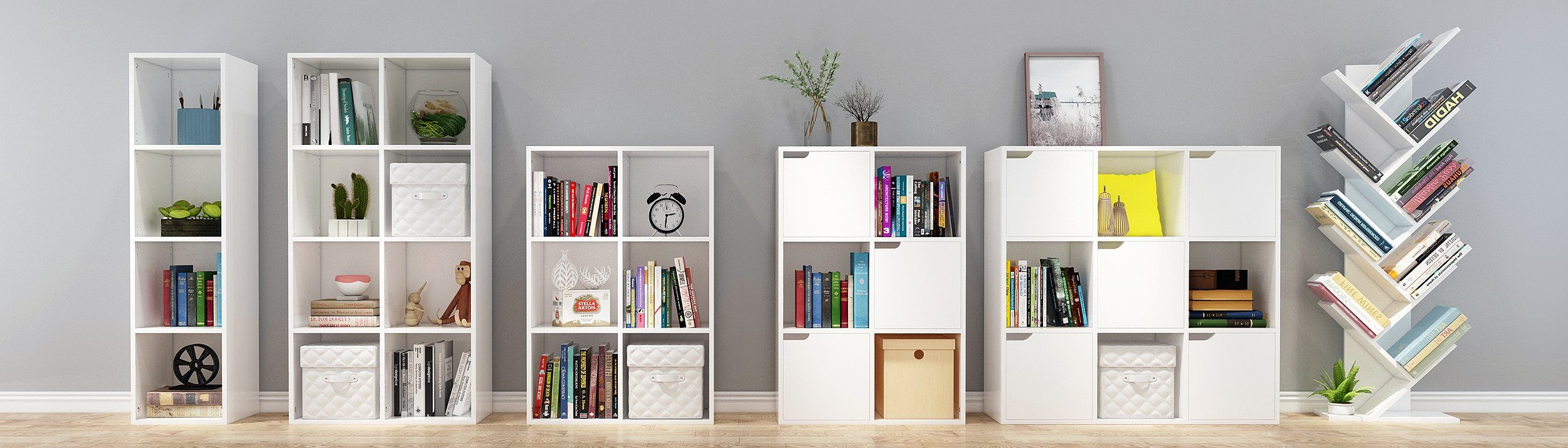 Mondeer Bücherregal Aufbewahrungsregal, Bücherschrank, Regal aus Holz, Sechs Fächer mit 3 Türen