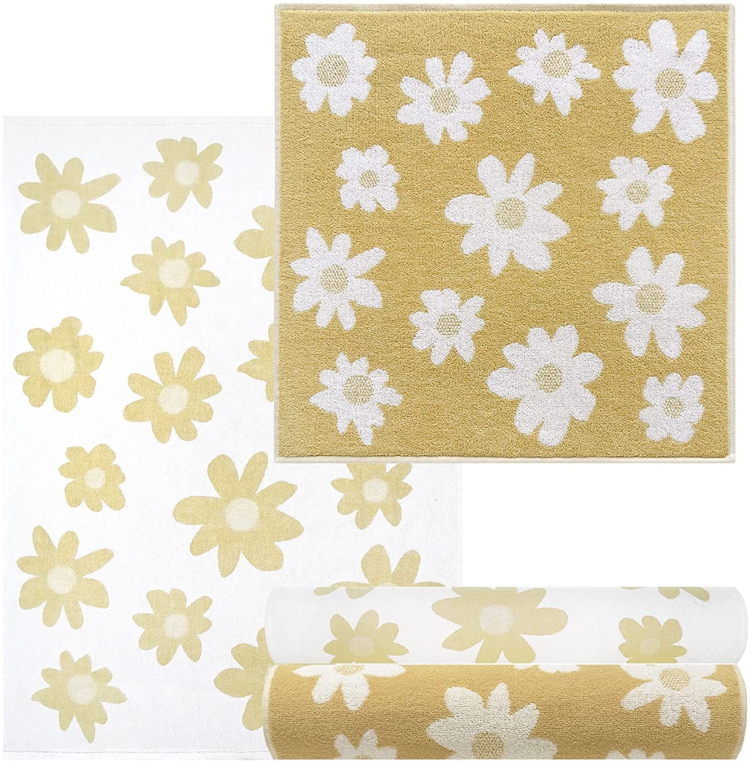 Lashuma Handtuch Set Blumen, Frottee, (4-tlg), 2x Geschirrhandtücher 50x70 cm - 2x Frotteetücher 50x50 cm gelb