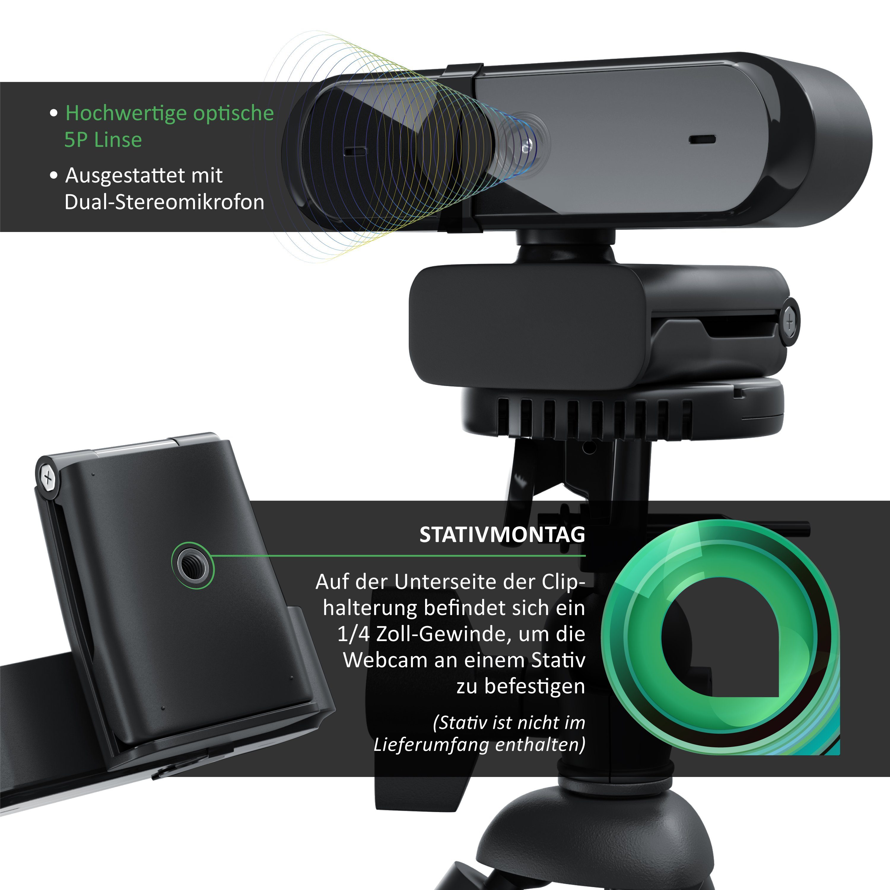 Aplic Full HD-Webcam (FHD; 1080p; 1920 x 1080, Mikrofon, Abdeckung, Sichtschutz, Autofokus. Low Light, für PC & MAC)